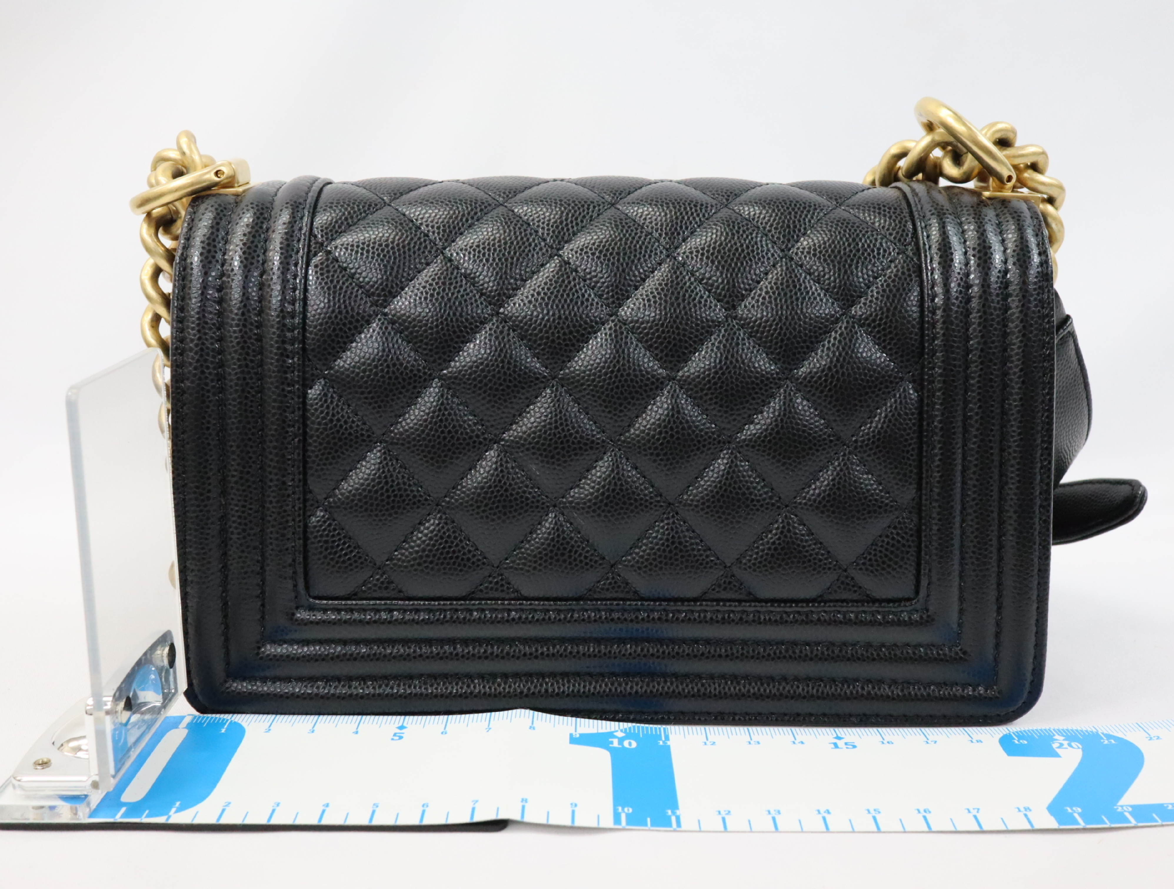 Boy Chanel 20 Small Caviar Skin Chain Shoulder Bag, Black with Gold Hardware and Random Plate Design (A67085) — view 2