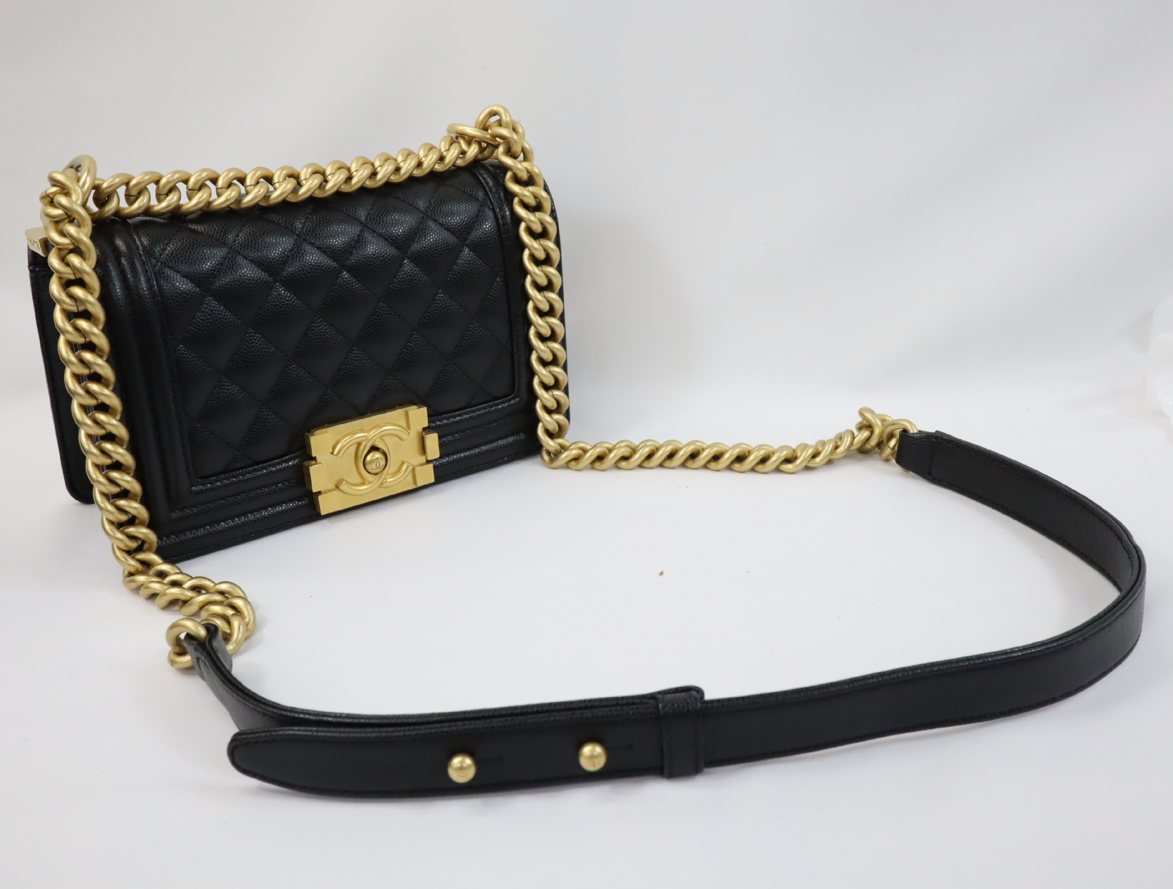 Boy Chanel 20 Small Caviar Skin Chain Shoulder Bag, Black with Gold Hardware and Random Plate Design (A67085) — view 11