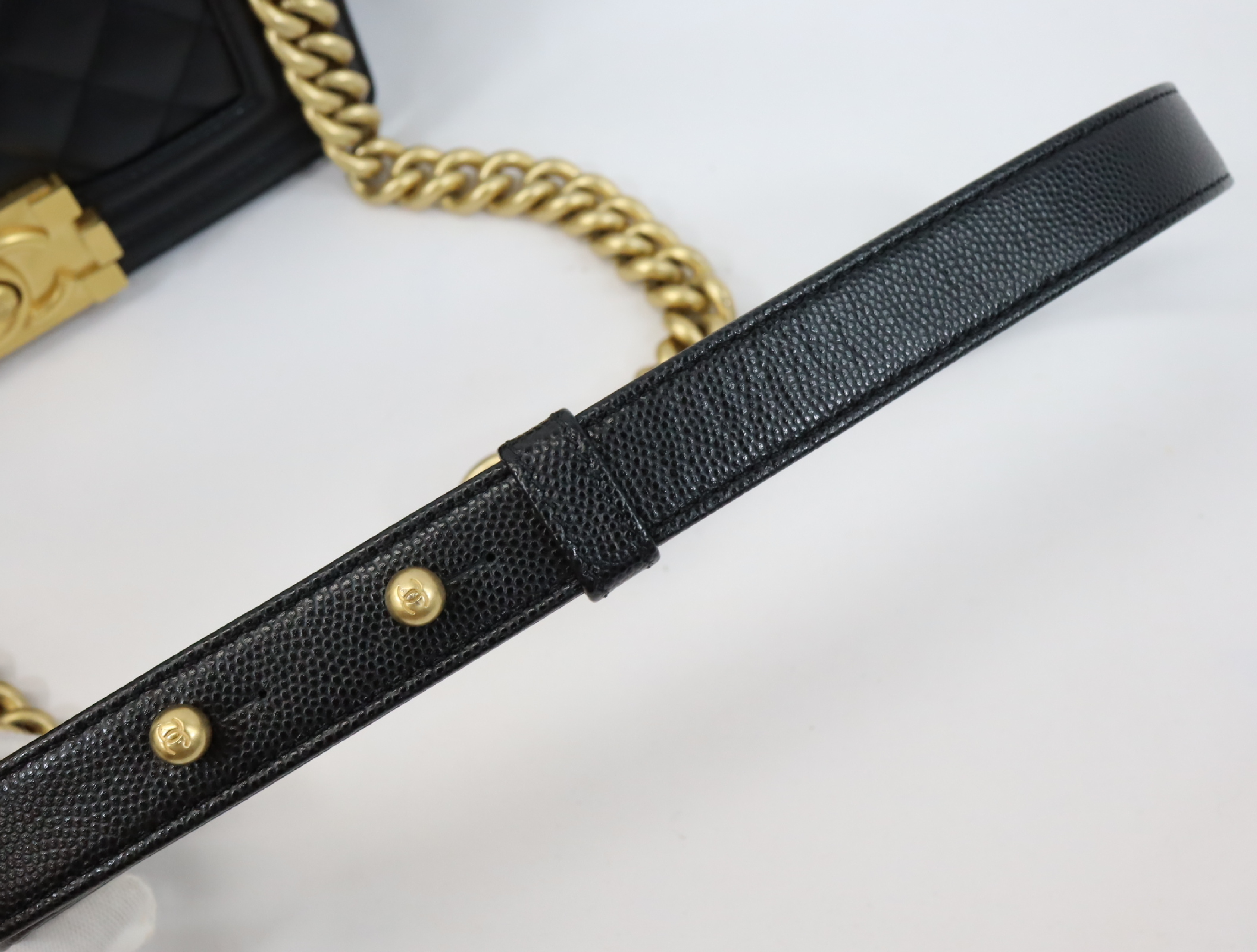 Boy Chanel 20 Small Caviar Skin Chain Shoulder Bag, Black with Gold Hardware and Random Plate Design (A67085) — view 12