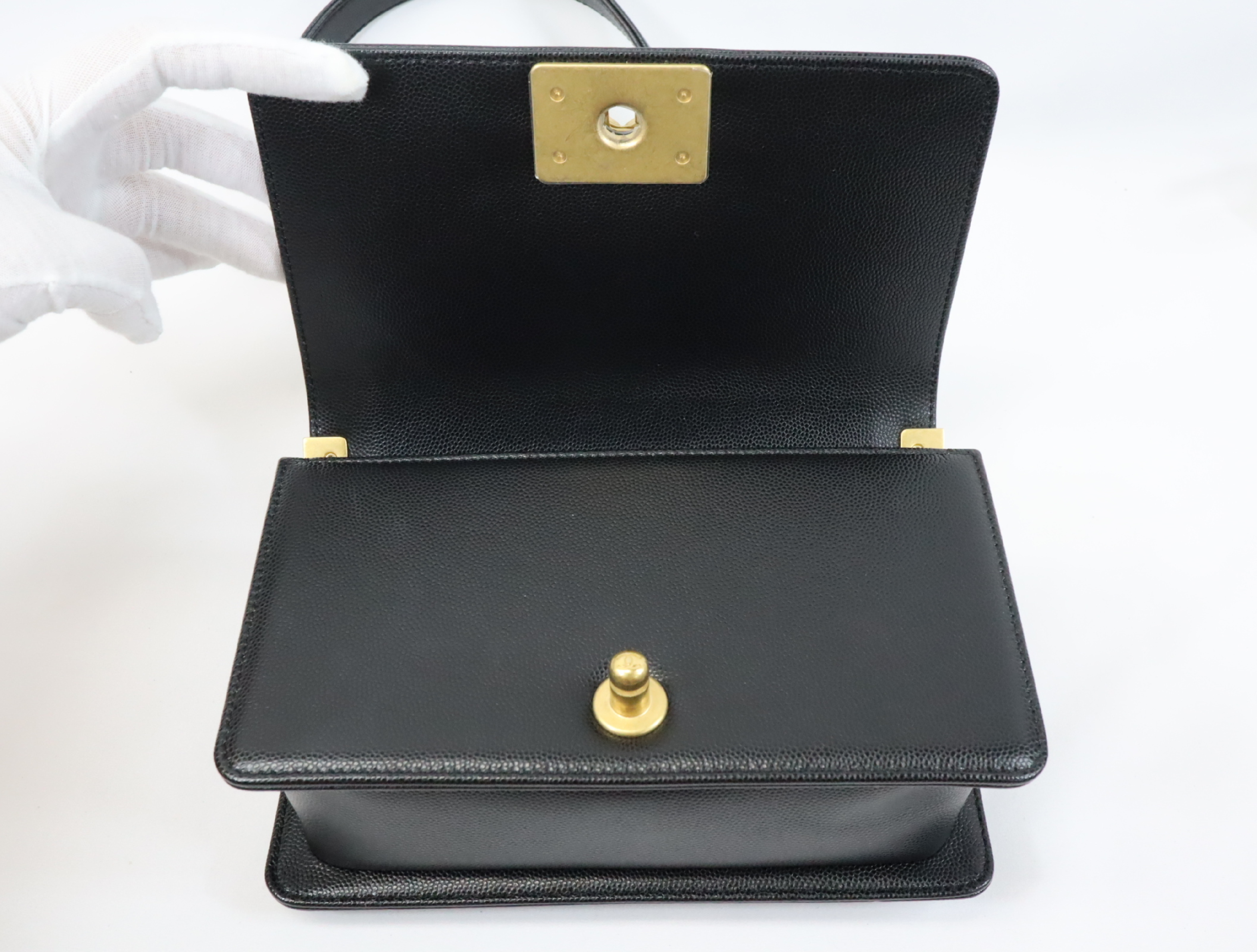 Boy Chanel 20 Small Caviar Skin Chain Shoulder Bag, Black with Gold Hardware and Random Plate Design (A67085) — view 13