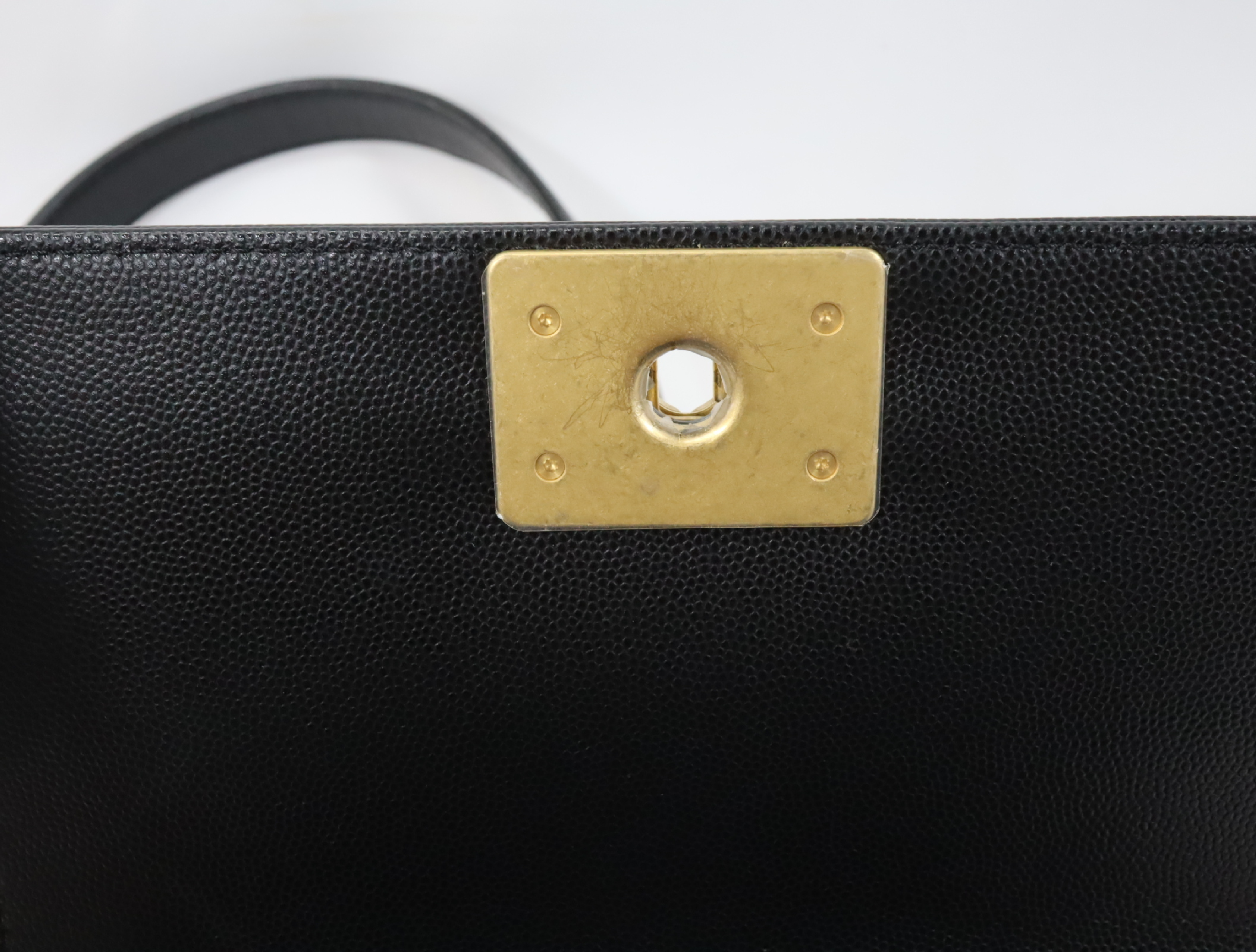 Boy Chanel 20 Small Caviar Skin Chain Shoulder Bag, Black with Gold Hardware and Random Plate Design (A67085) — view 14