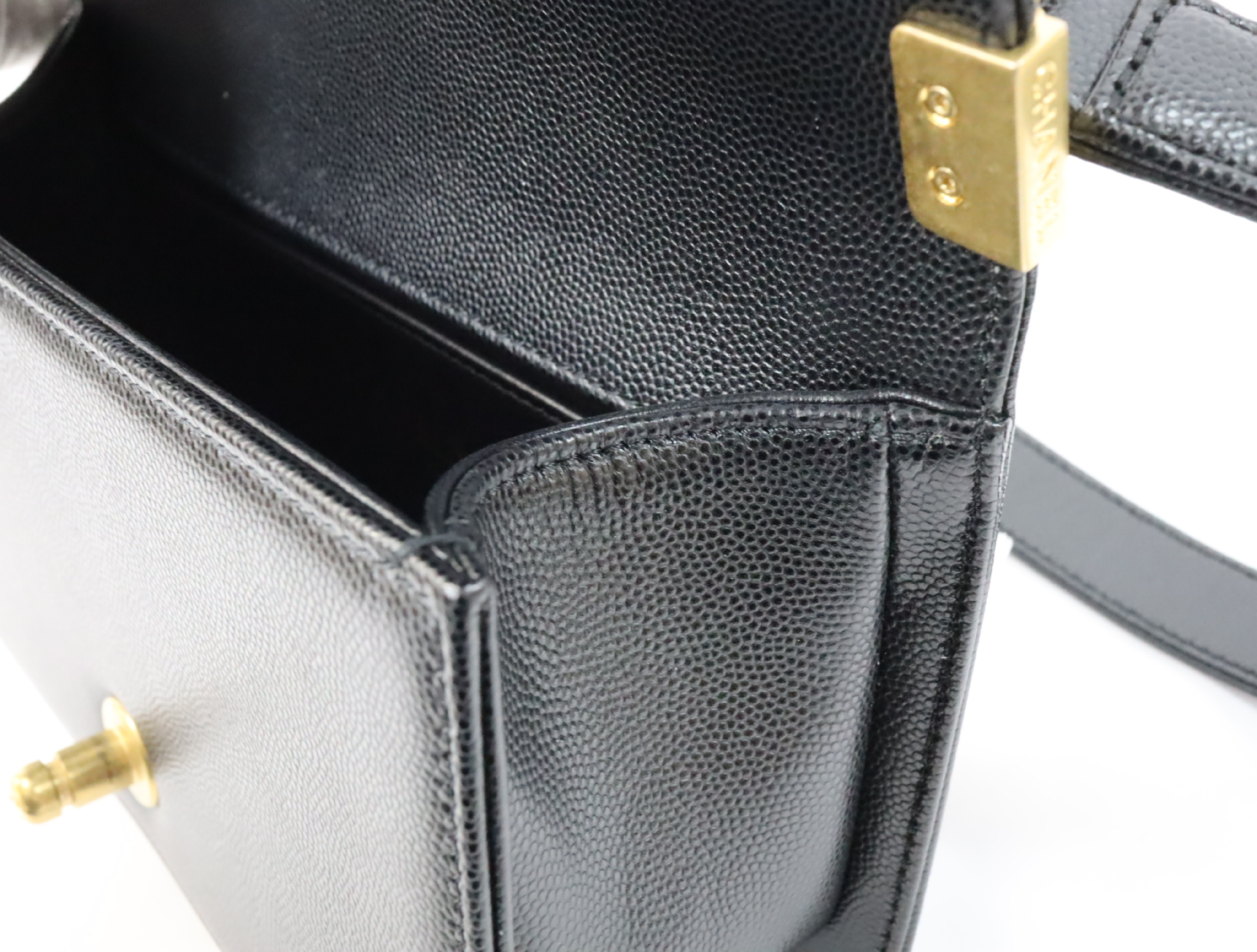 Boy Chanel 20 Small Caviar Skin Chain Shoulder Bag, Black with Gold Hardware and Random Plate Design (A67085) — view 15