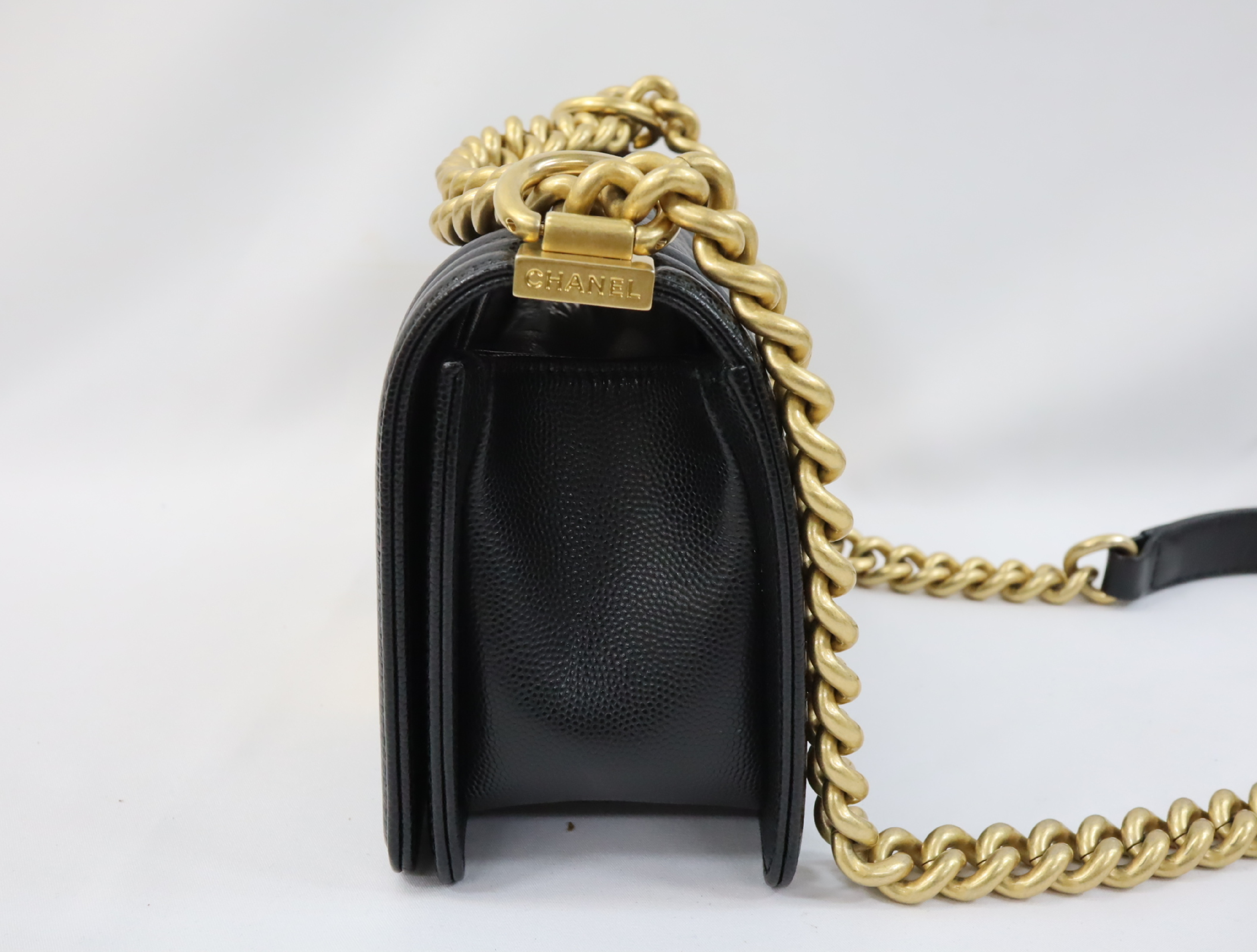 Boy Chanel 20 Small Caviar Skin Chain Shoulder Bag, Black with Gold Hardware and Random Plate Design (A67085) — view 3