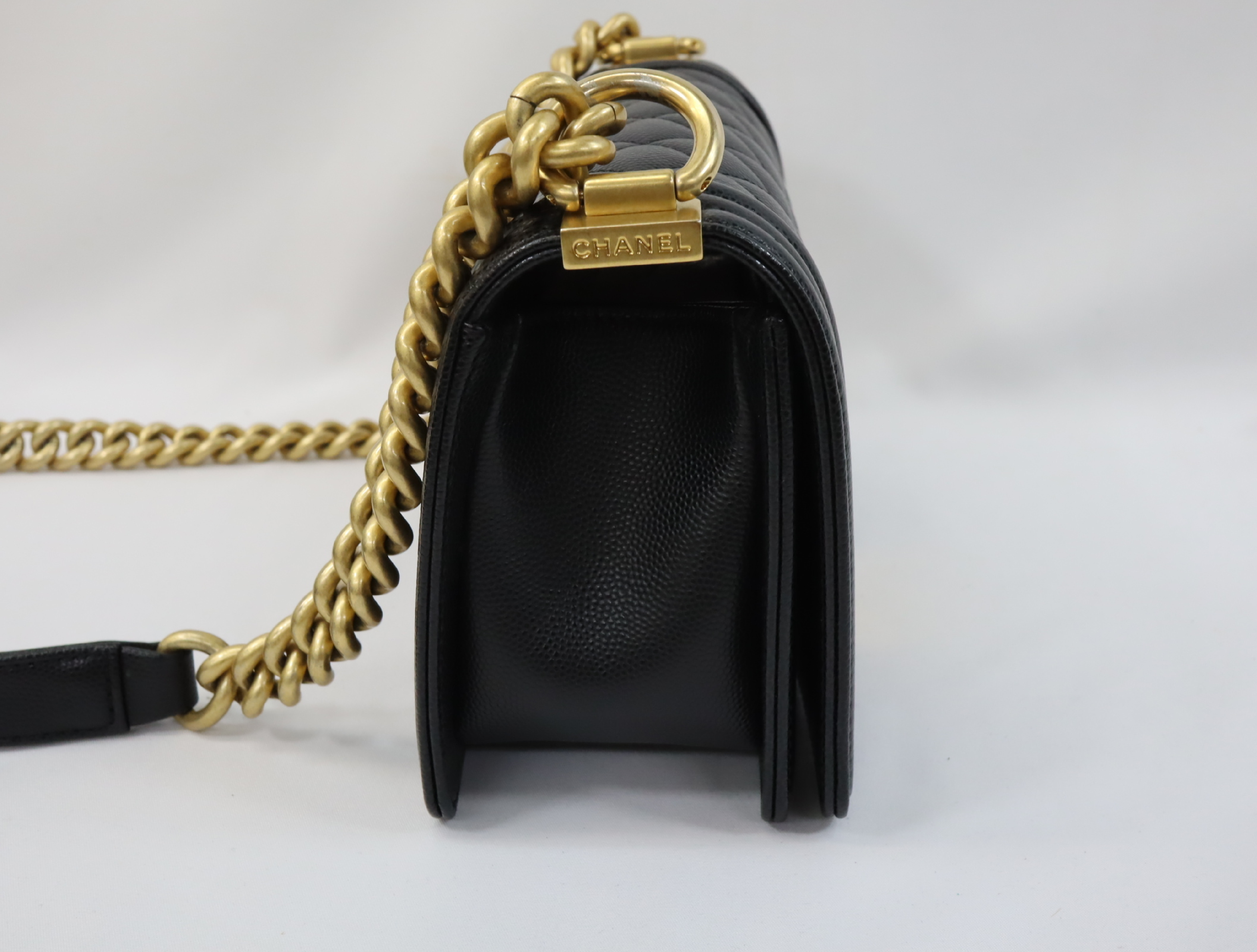 Boy Chanel 20 Small Caviar Skin Chain Shoulder Bag, Black with Gold Hardware and Random Plate Design (A67085) — view 4