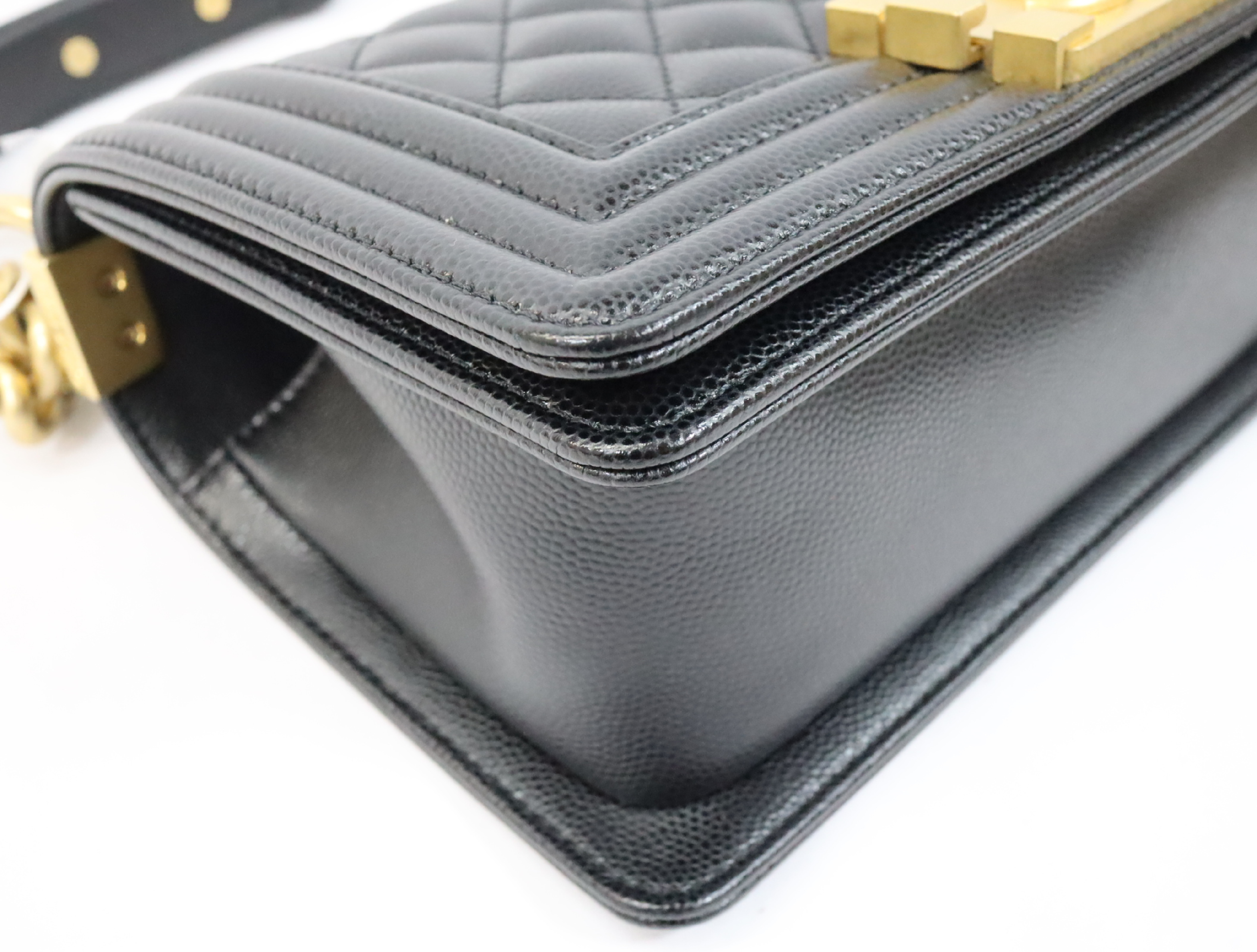 Boy Chanel 20 Small Caviar Skin Chain Shoulder Bag, Black with Gold Hardware and Random Plate Design (A67085) — view 6