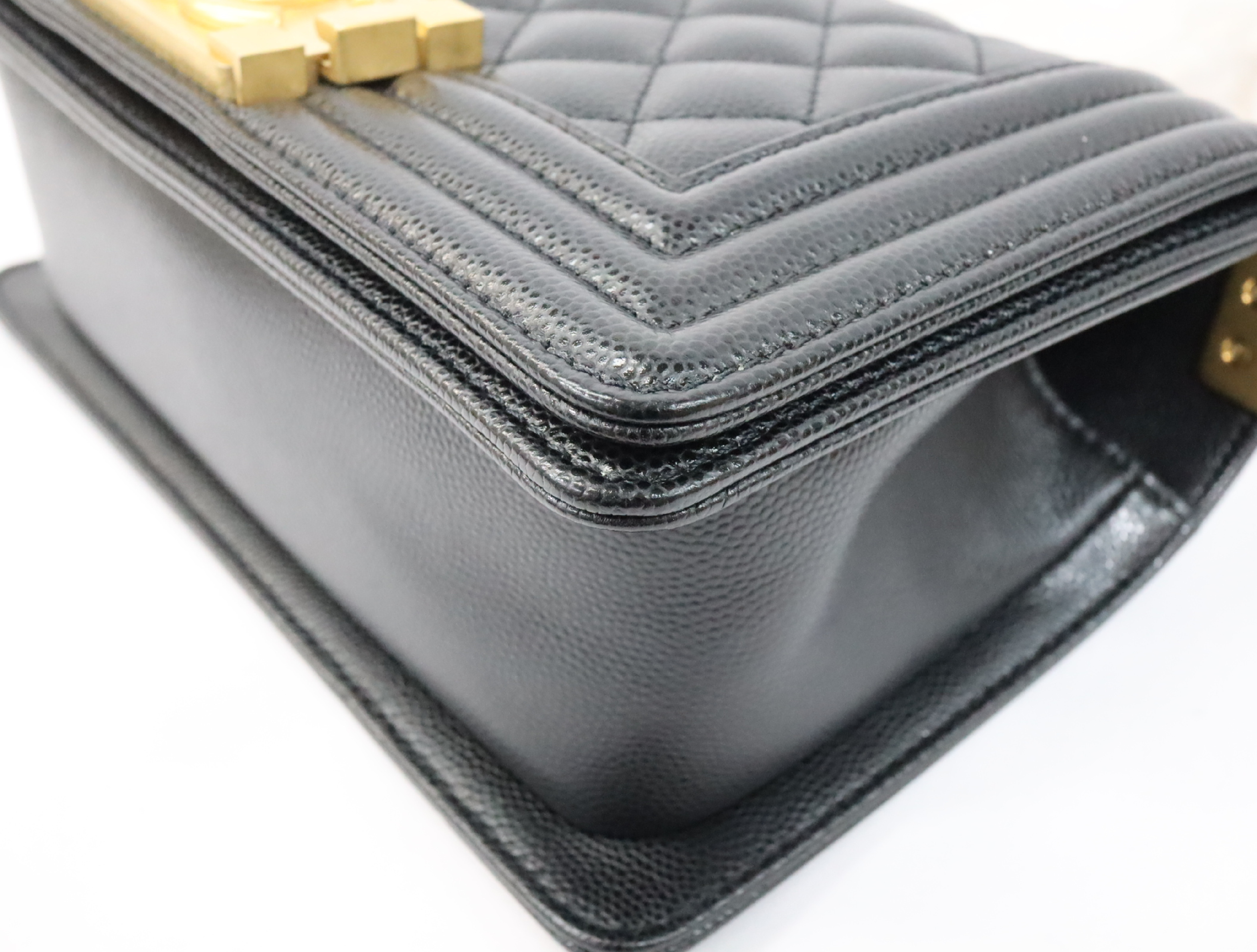 Boy Chanel 20 Small Caviar Skin Chain Shoulder Bag, Black with Gold Hardware and Random Plate Design (A67085) — view 7