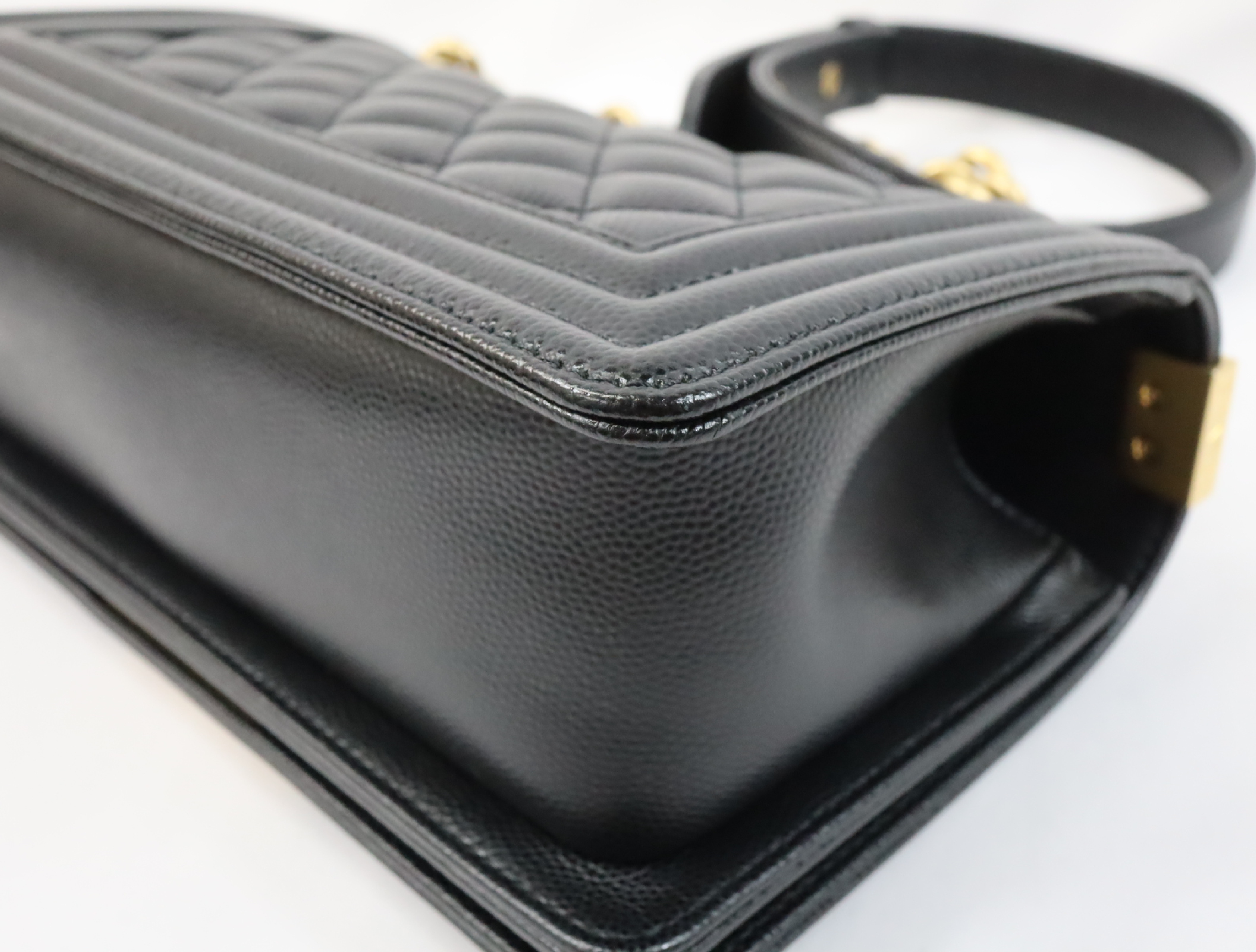 Boy Chanel 20 Small Caviar Skin Chain Shoulder Bag, Black with Gold Hardware and Random Plate Design (A67085) — view 8