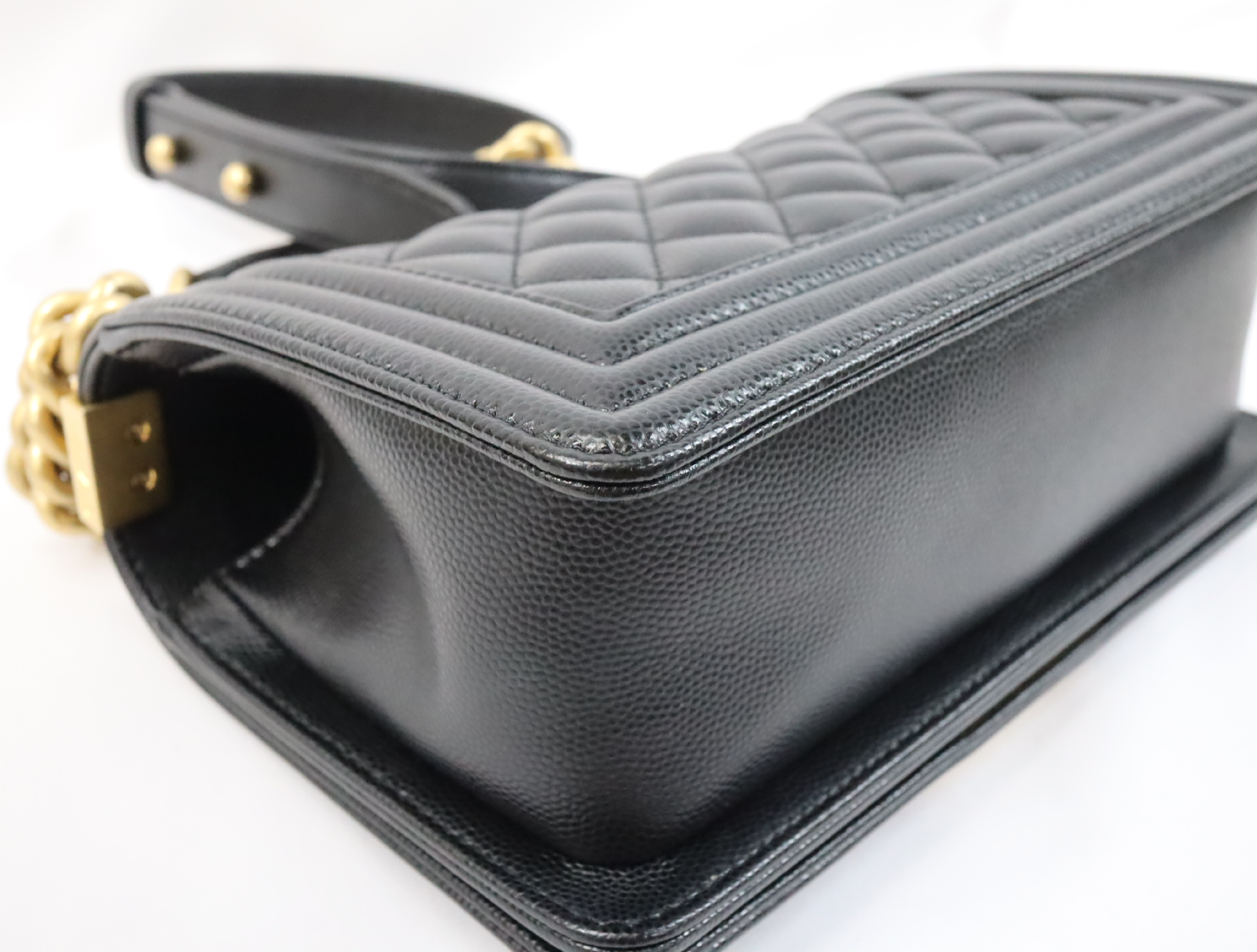 Boy Chanel 20 Small Caviar Skin Chain Shoulder Bag, Black with Gold Hardware and Random Plate Design (A67085) — view 9