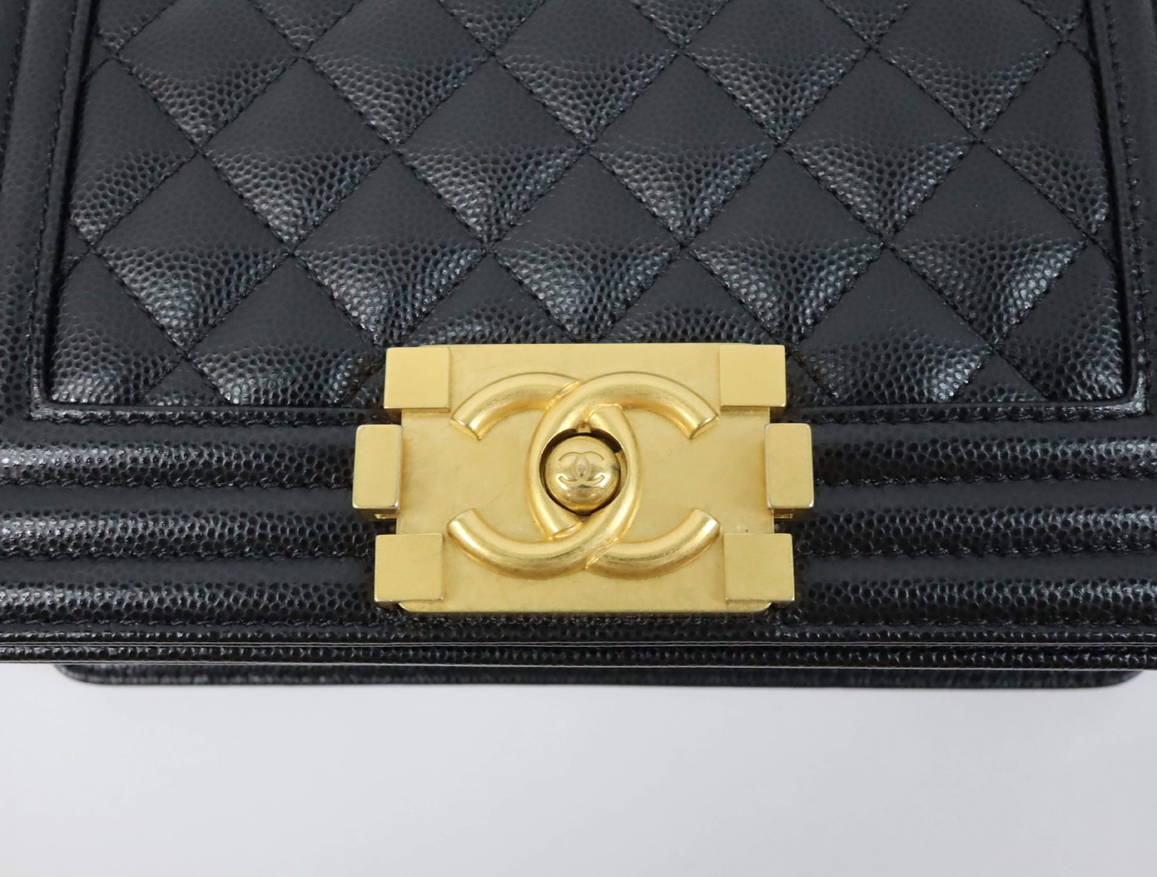 Boy Chanel 20 Small Caviar Skin Chain Shoulder Bag, Black with Gold Hardware and Random Plate Design (A67085) — view 10