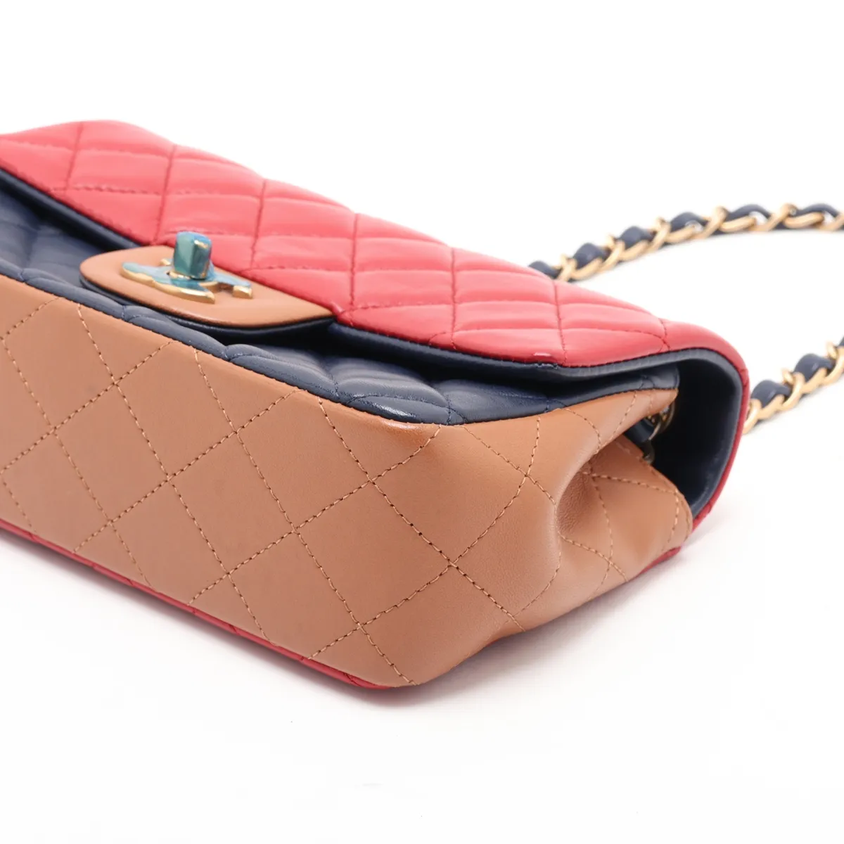 Mini Matelassé 20 Lambskin Single Flap Single Chain Bag, Red x Blue x Brown, Gold Hardware, 21566478, Serial Number , A69900 — view 3