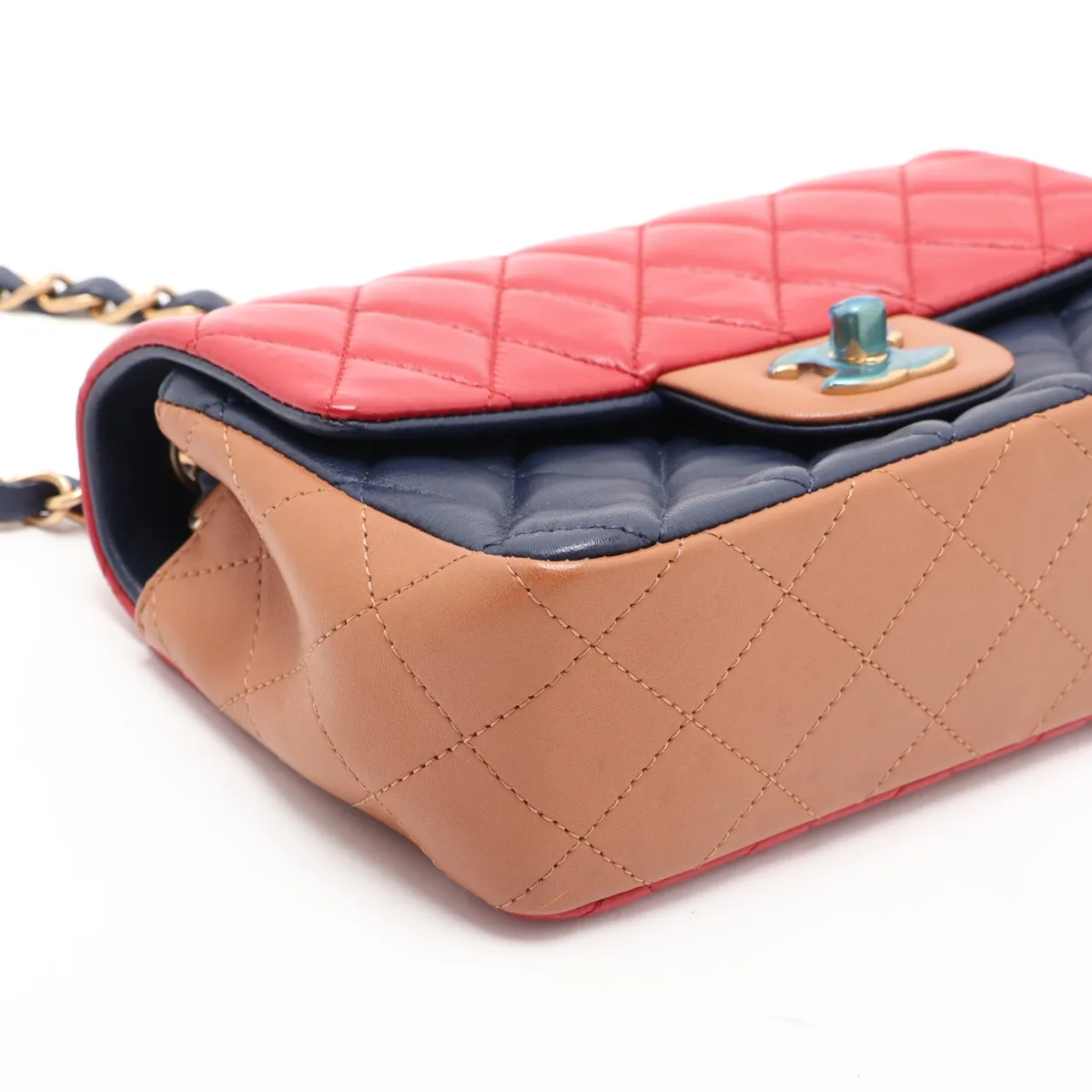 Mini Matelassé 20 Lambskin Single Flap Single Chain Bag, Red x Blue x Brown, Gold Hardware, 21566478, Serial Number , A69900 — view 4