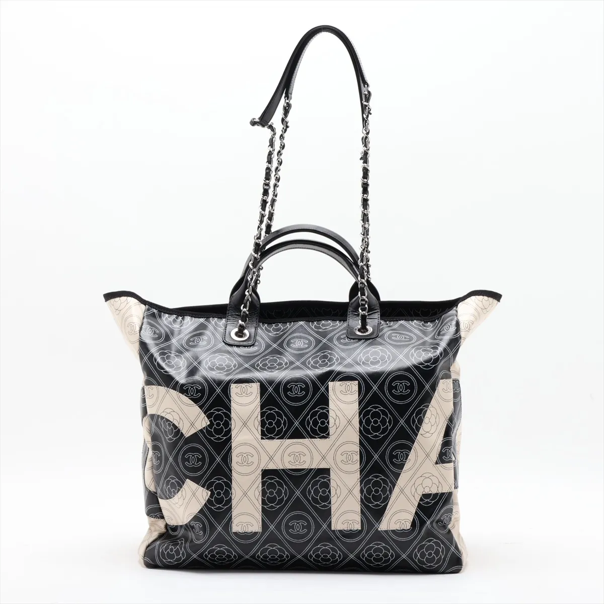 Camellia PVC x Leather 2-Way Tote Bag, Black x Beige, Silver Hardware, 25633121 (Serial Number in the 25s) — view 2