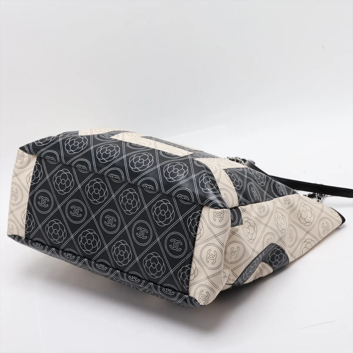 Camellia PVC x Leather 2-Way Tote Bag, Black x Beige, Silver Hardware, 25633121 (Serial Number in the 25s) — view 3
