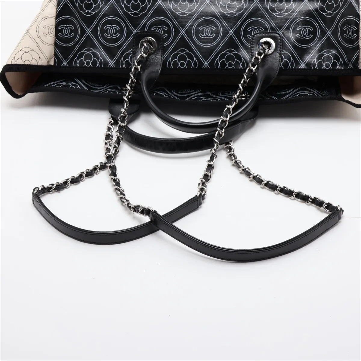 Camellia PVC x Leather 2-Way Tote Bag, Black x Beige, Silver Hardware, 25633121 (Serial Number in the 25s) — view 5