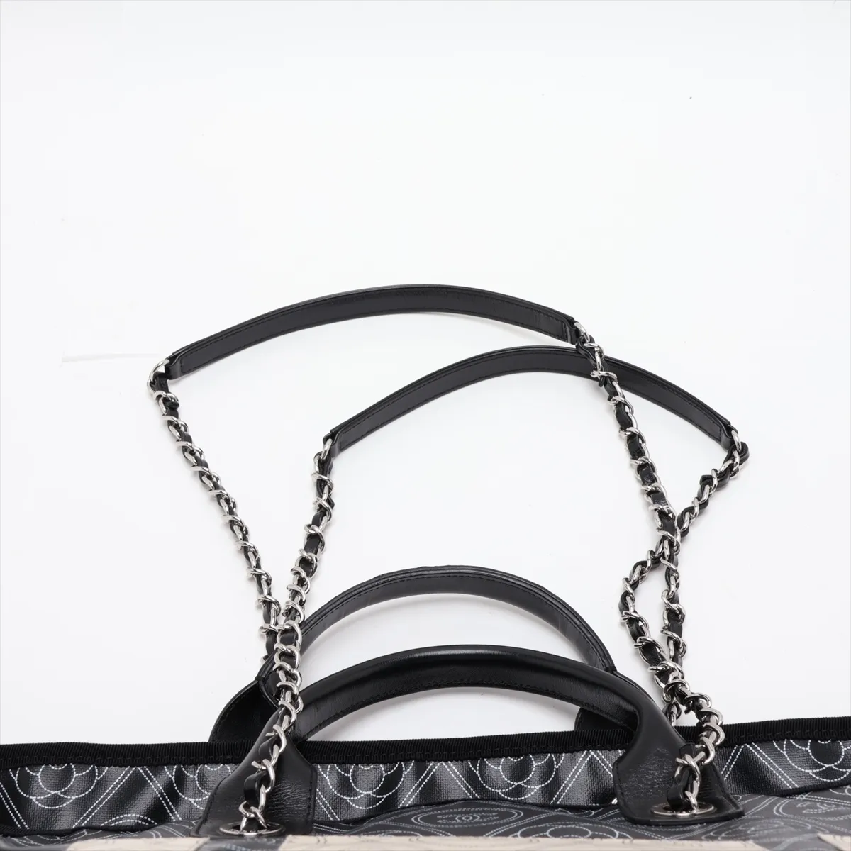 Camellia PVC x Leather 2-Way Tote Bag, Black x Beige, Silver Hardware, 25633121 (Serial Number in the 25s) — view 6