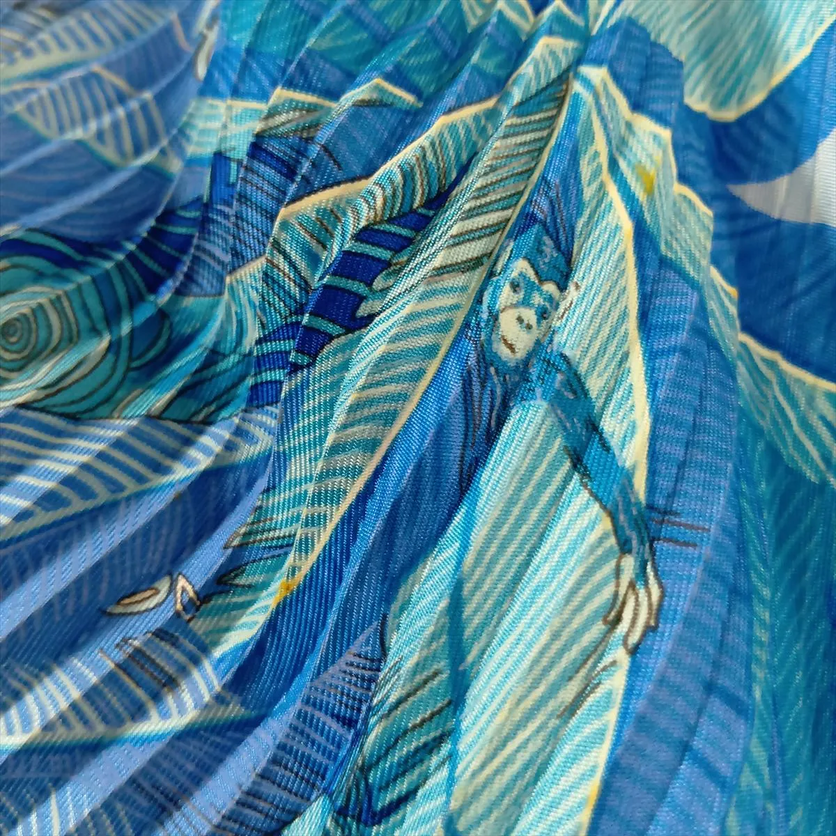 pleated scarf, "Ombres et Lumières" (Shadows and Light), silk, blue. Shows wear, — view 7