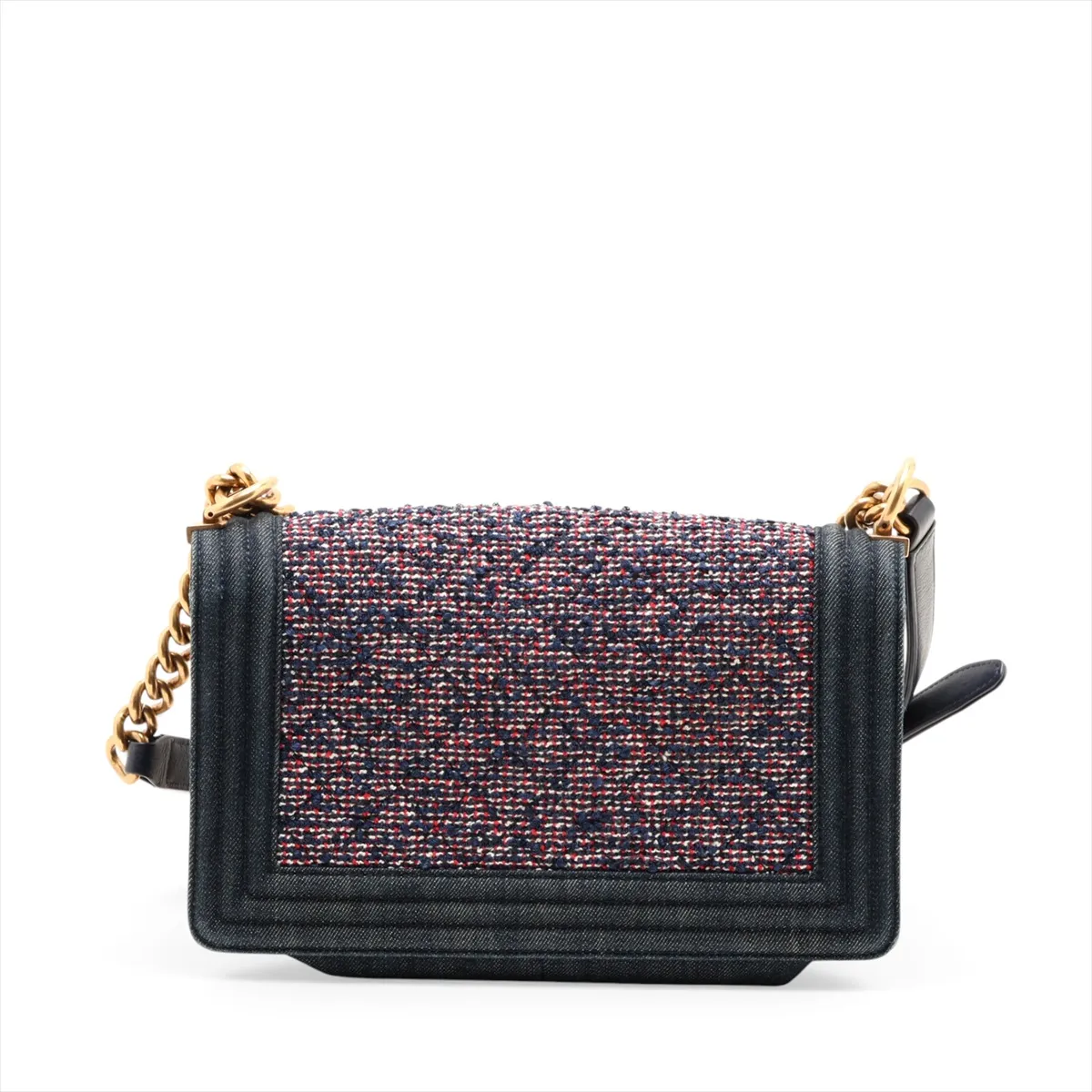 Boy Chanel 25 Tweed x Denim Chain Shoulder Bag, Navy, Gold Hardware, 22256793, Serial Number 22, A67086 — view 2