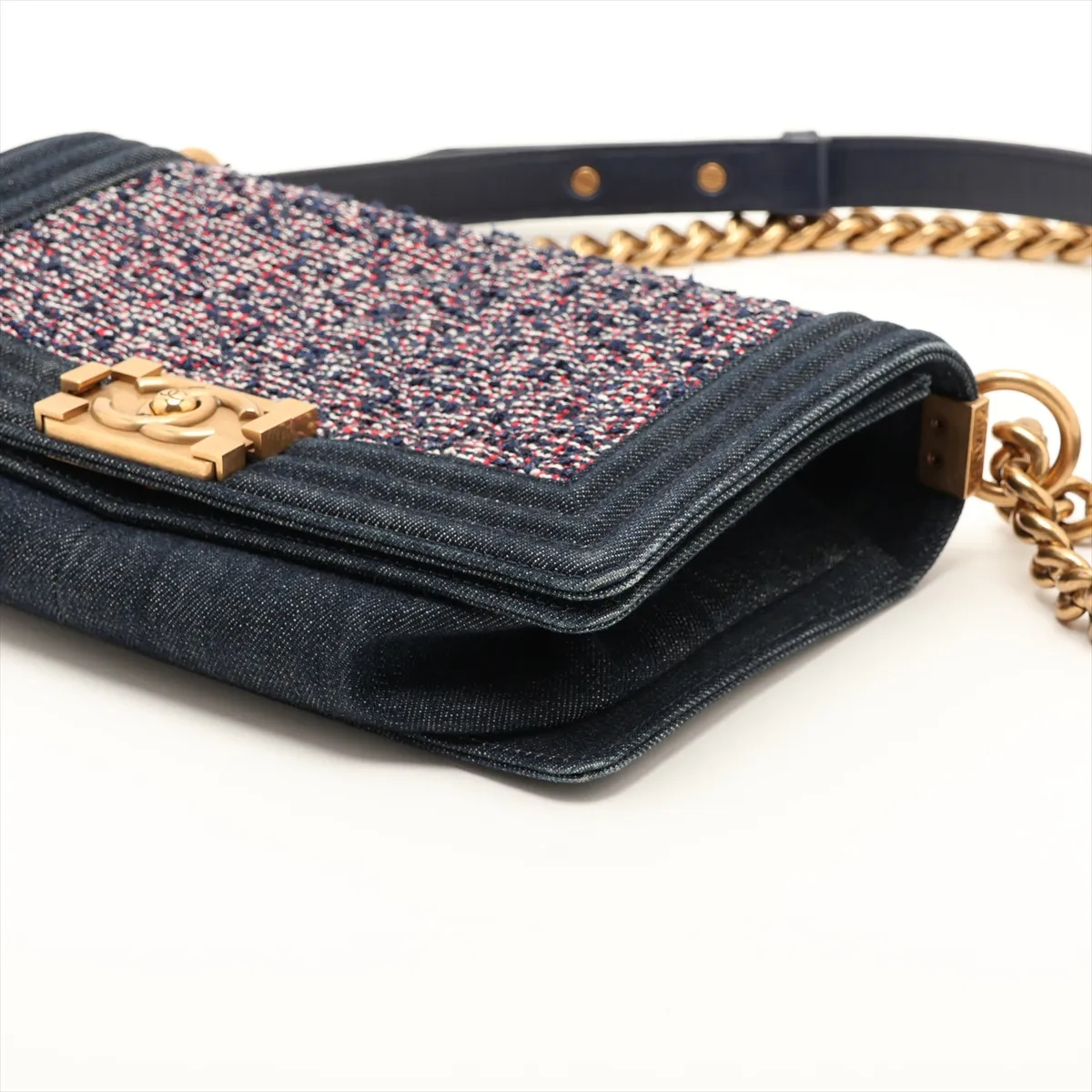 Boy Chanel 25 Tweed x Denim Chain Shoulder Bag, Navy, Gold Hardware, 22256793, Serial Number 22, A67086 — view 3