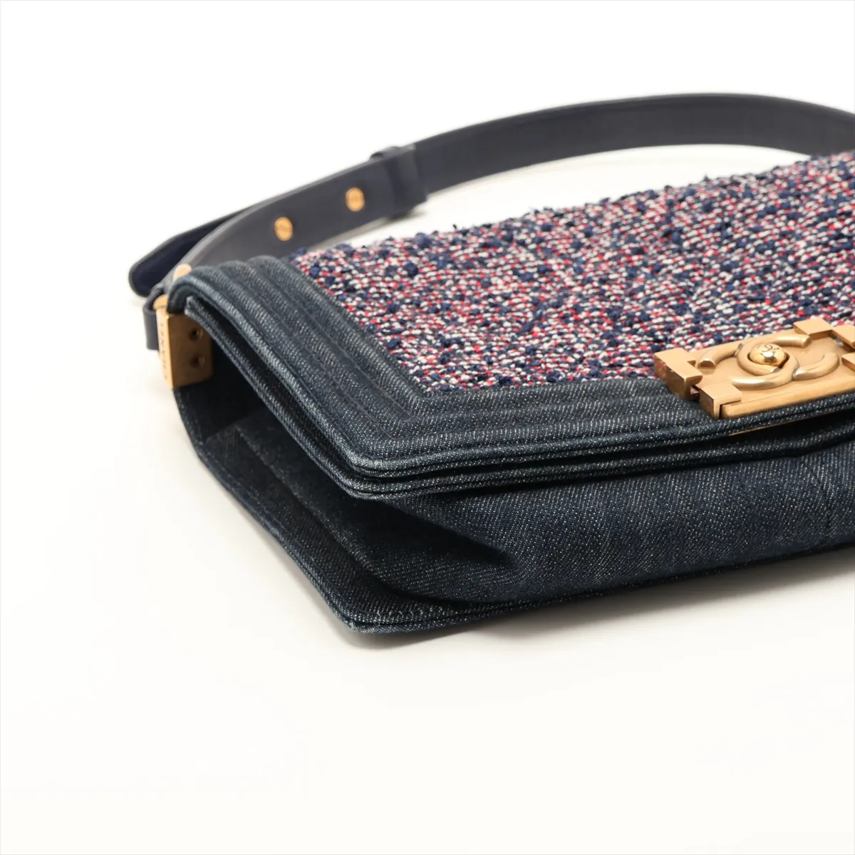 Boy Chanel 25 Tweed x Denim Chain Shoulder Bag, Navy, Gold Hardware, 22256793, Serial Number 22, A67086 — view 4