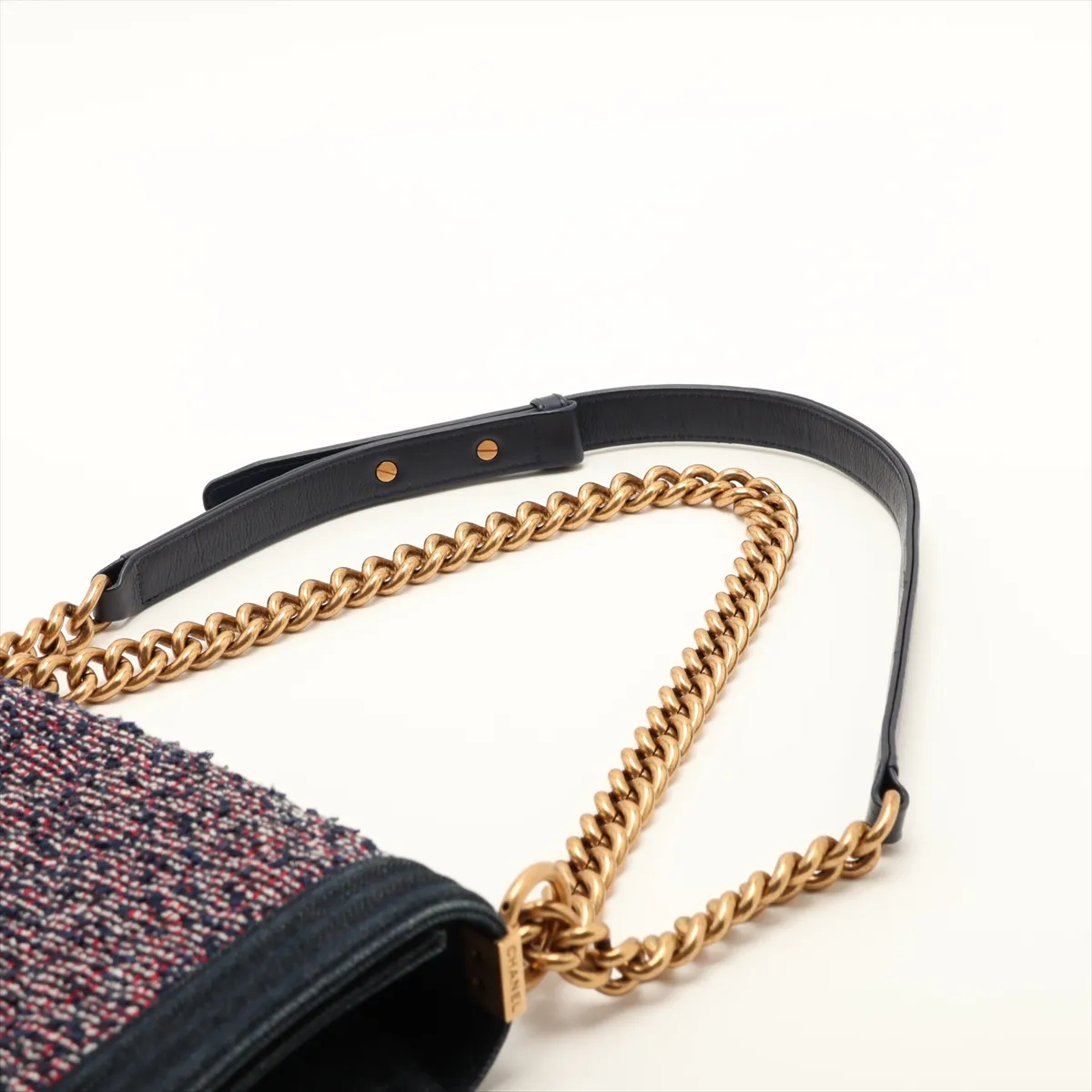 Boy Chanel 25 Tweed x Denim Chain Shoulder Bag, Navy, Gold Hardware, 22256793, Serial Number 22, A67086 — view 5