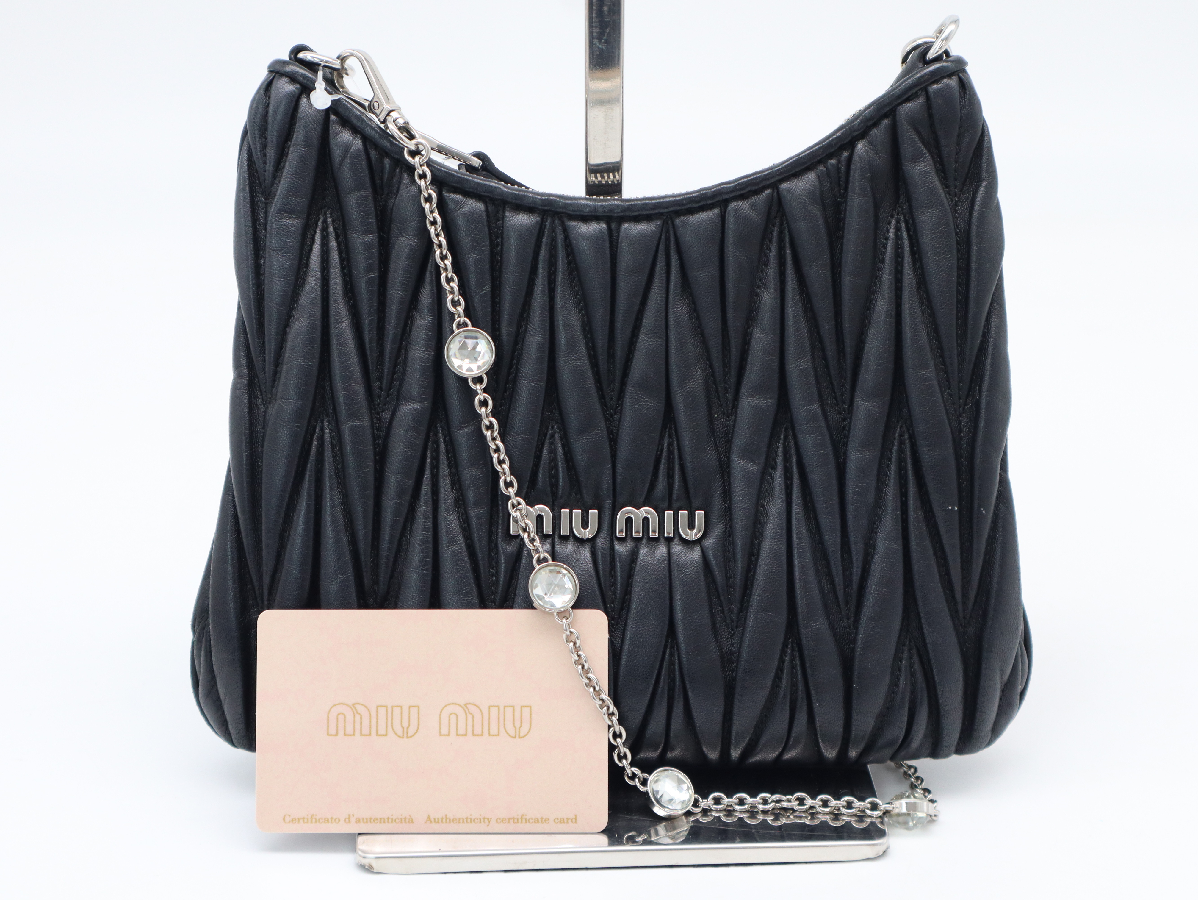 Leather Matelassé Crystal Chain Hobo Bag, Black, Silver Hardware, Shoulder Strap, and Guarantee Card Included.
