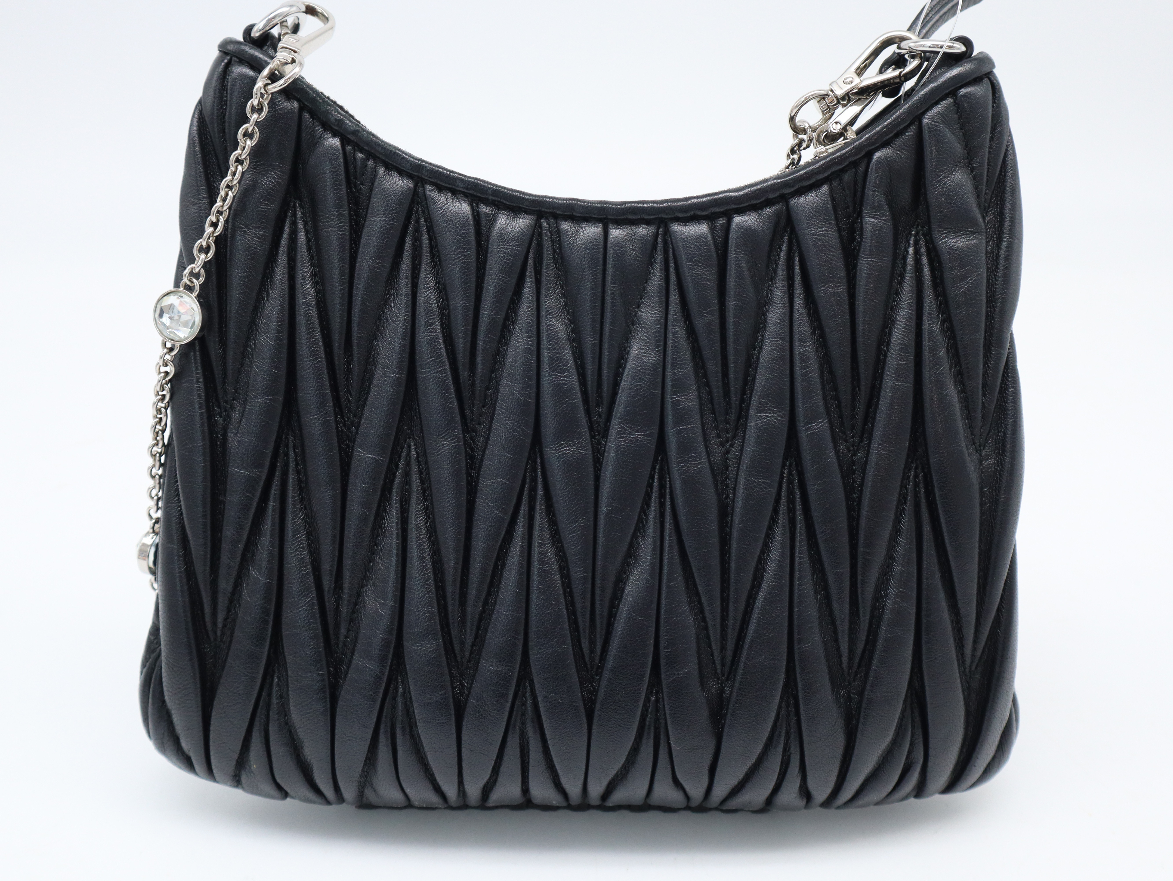 Leather Matelassé Crystal Chain Hobo Bag, Black, Silver Hardware, Shoulder Strap, and Guarantee Card Included. — view 2