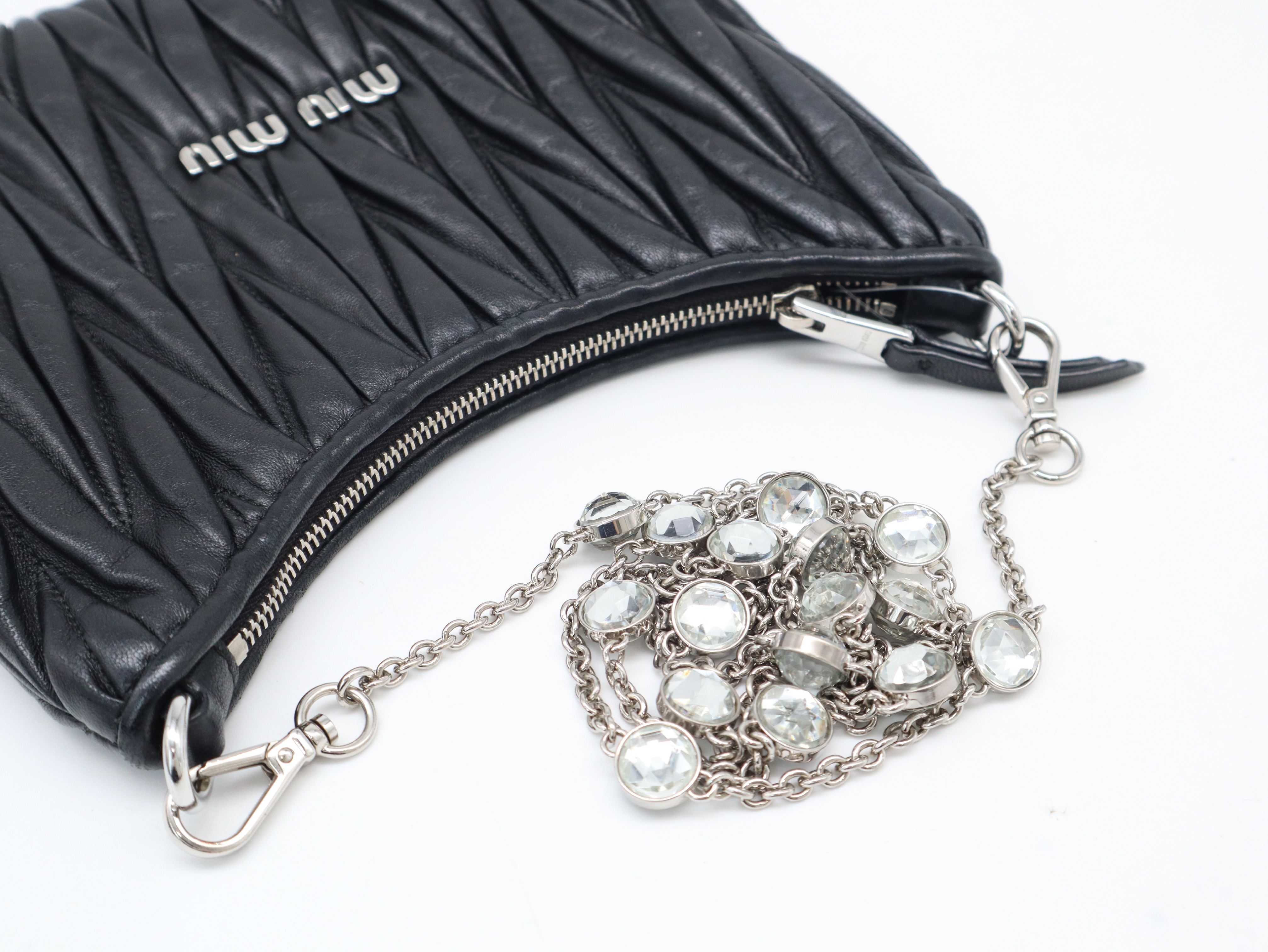Leather Matelassé Crystal Chain Hobo Bag, Black, Silver Hardware, Shoulder Strap, and Guarantee Card Included. — view 6