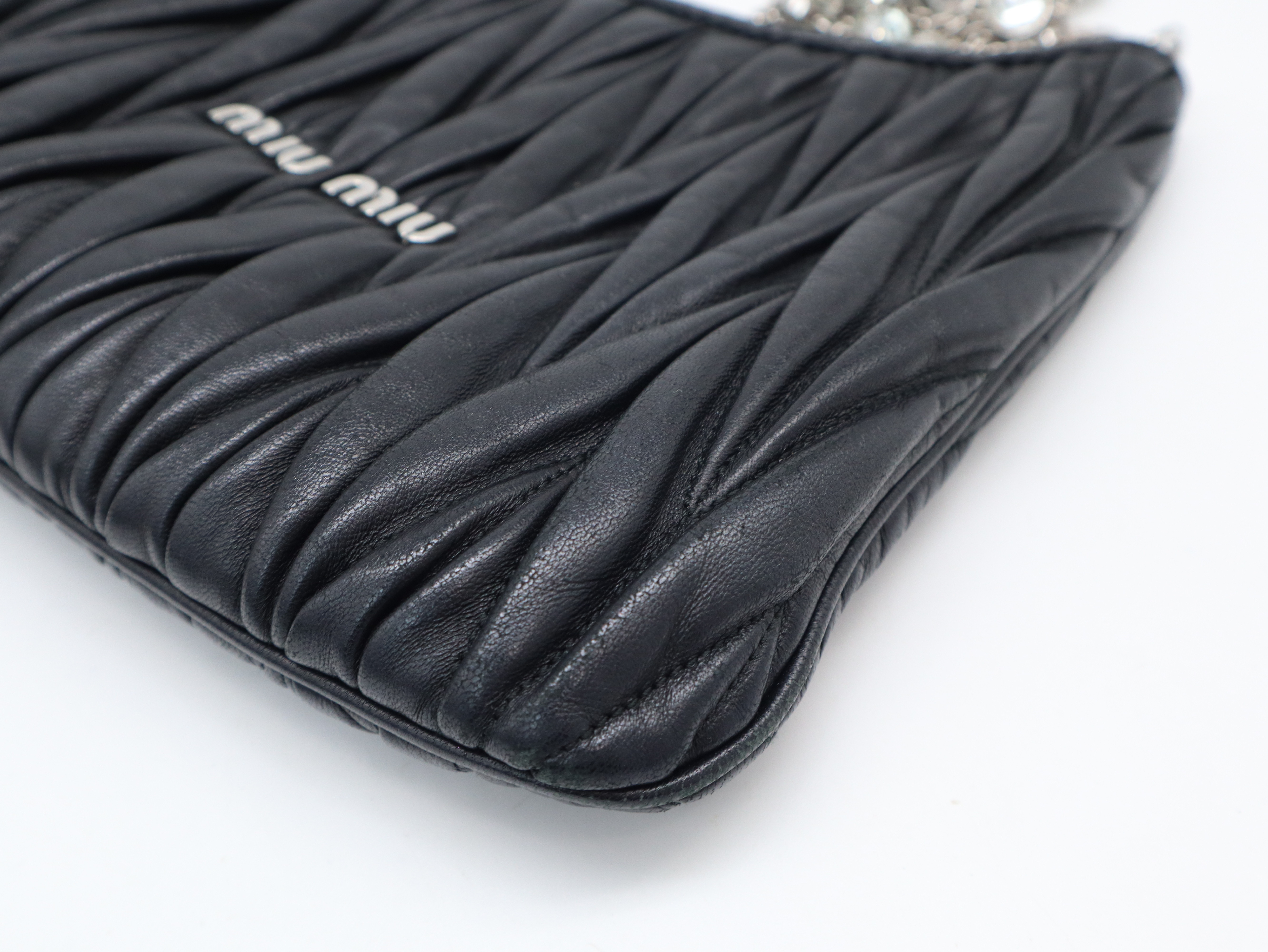 Leather Matelassé Crystal Chain Hobo Bag, Black, Silver Hardware, Shoulder Strap, and Guarantee Card Included. — view 7