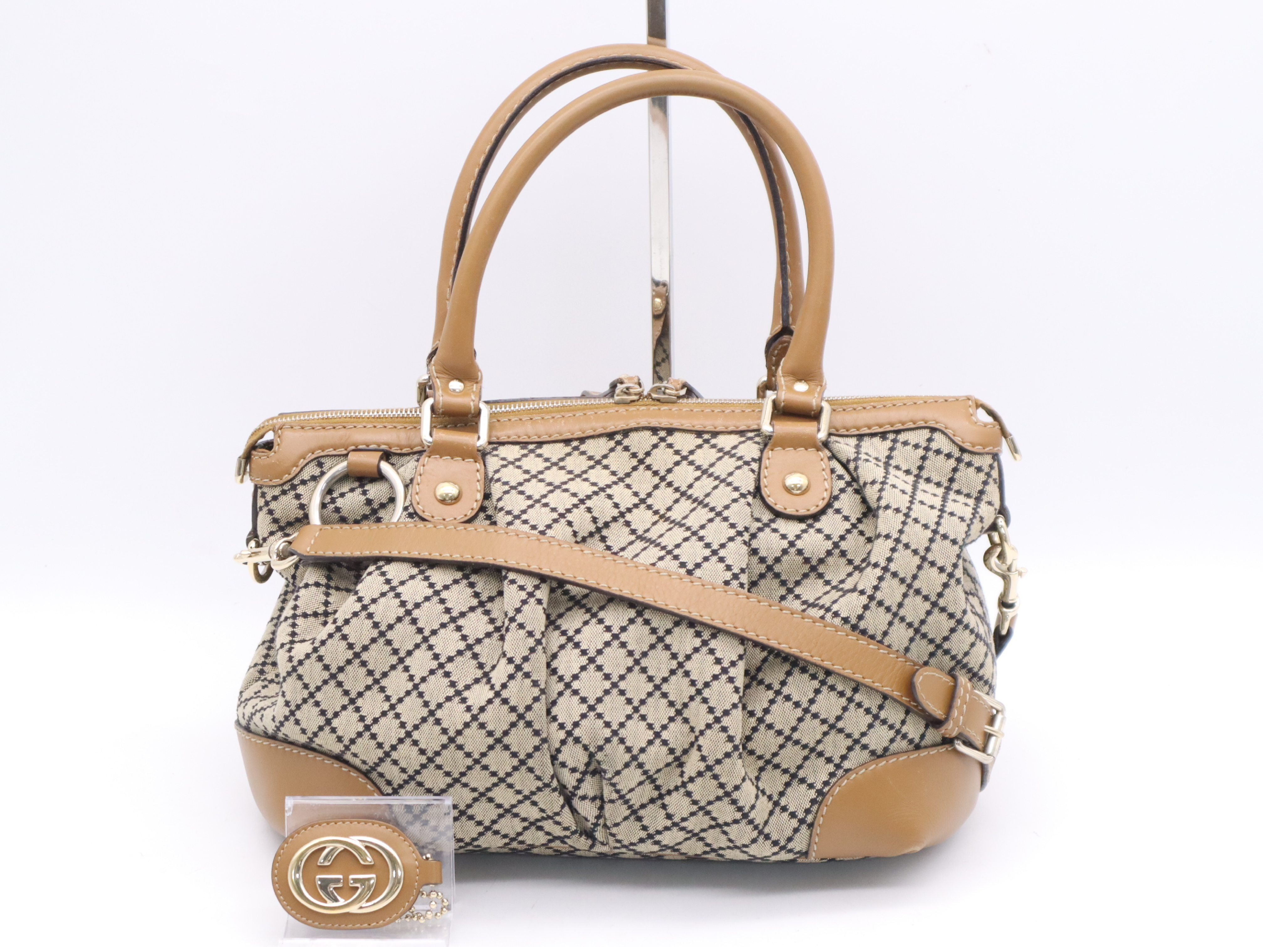 247902 Canvas x Leather Diamante Sukey 2-way Handbag Brown Gold Hardware with Shoulder Strap and Charm