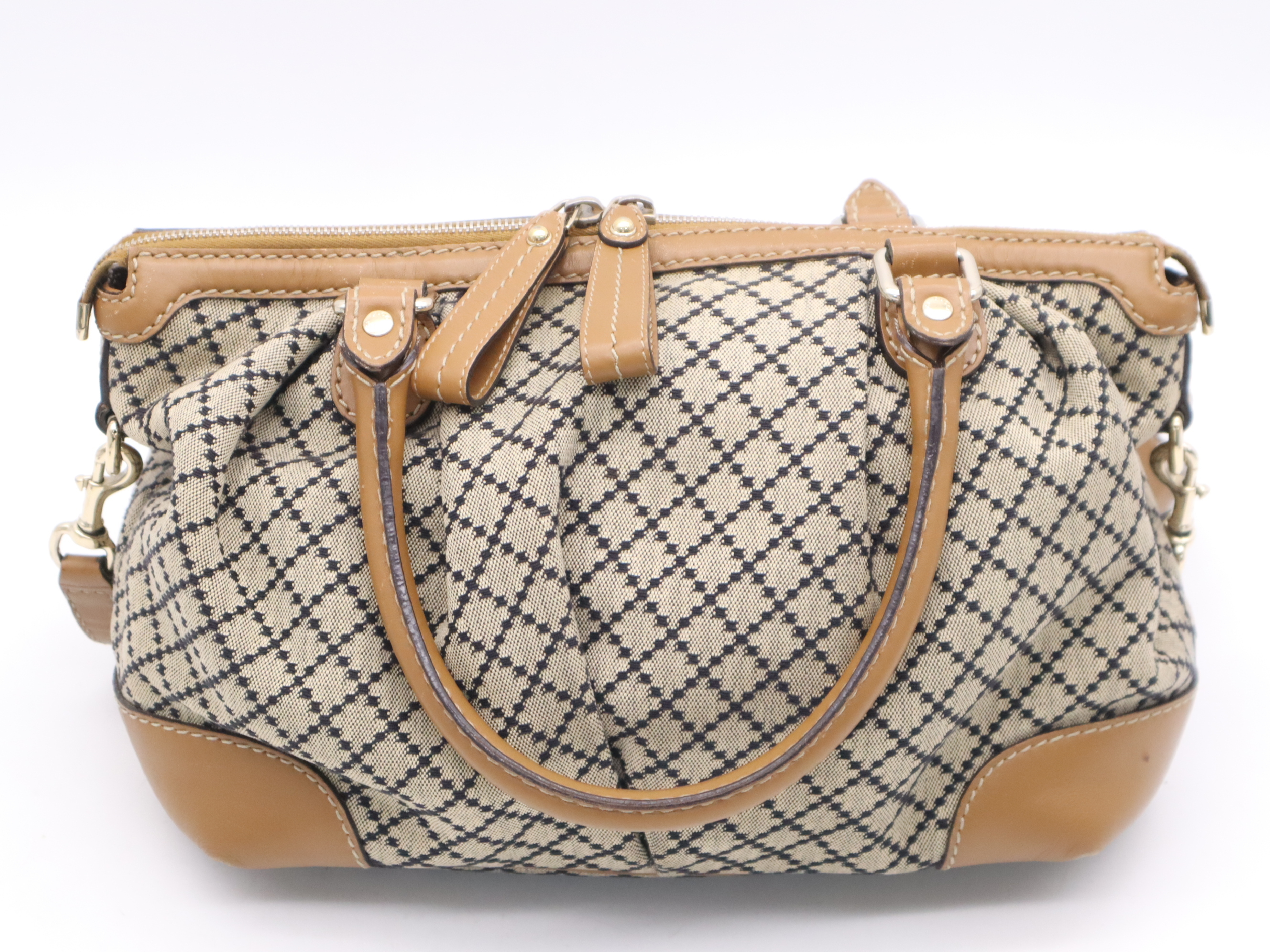 247902 Canvas x Leather Diamante Sukey 2-way Handbag Brown Gold Hardware with Shoulder Strap and Charm — view 2