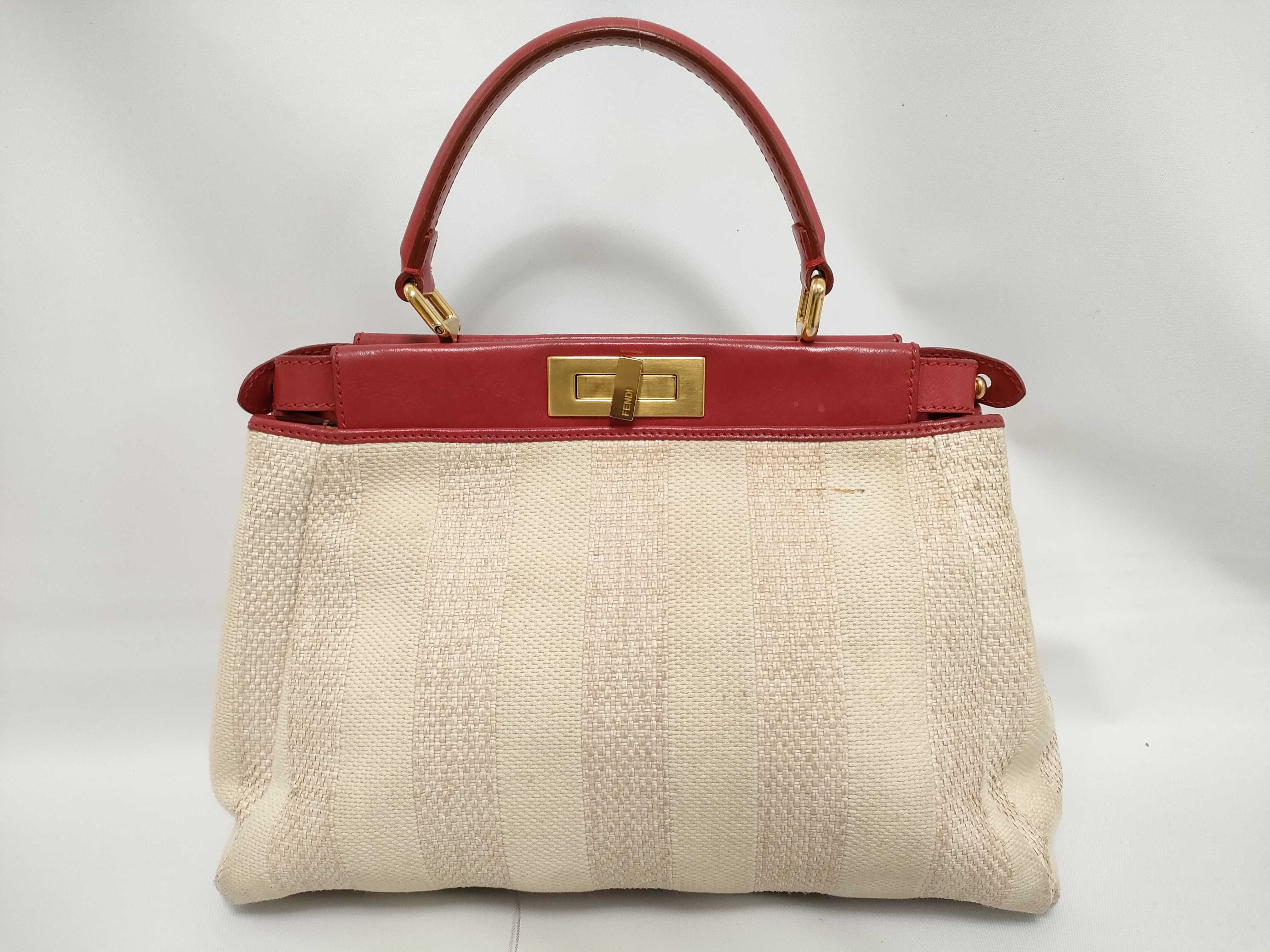 Pecan Pattern Fendi Peekaboo Regular 2-Way Handbag Pecan Stripe Canvas x Leather Pink x Ivory Strap and Dust Bag Included — view 2