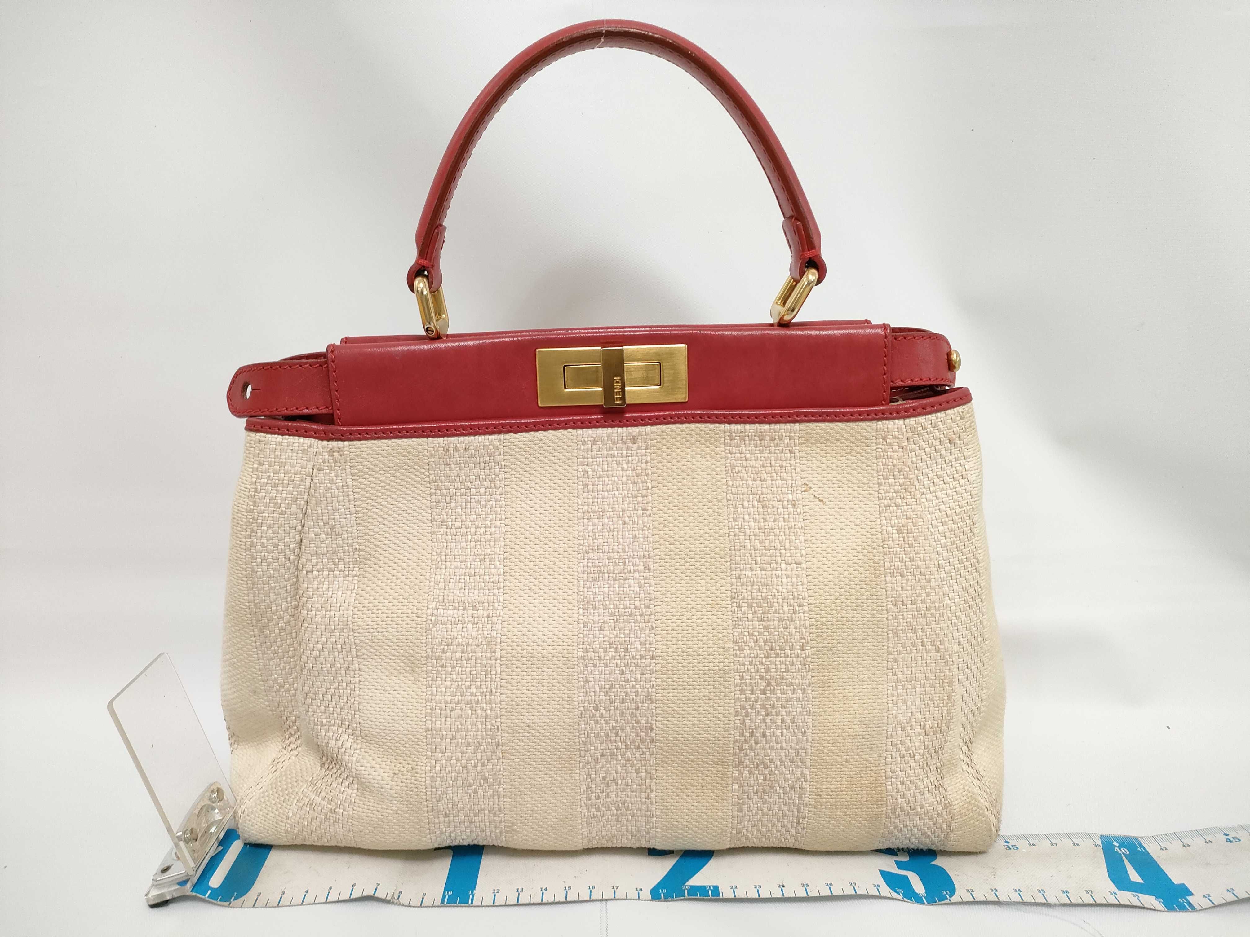 Pecan Pattern Fendi Peekaboo Regular 2-Way Handbag Pecan Stripe Canvas x Leather Pink x Ivory Strap and Dust Bag Included — view 3