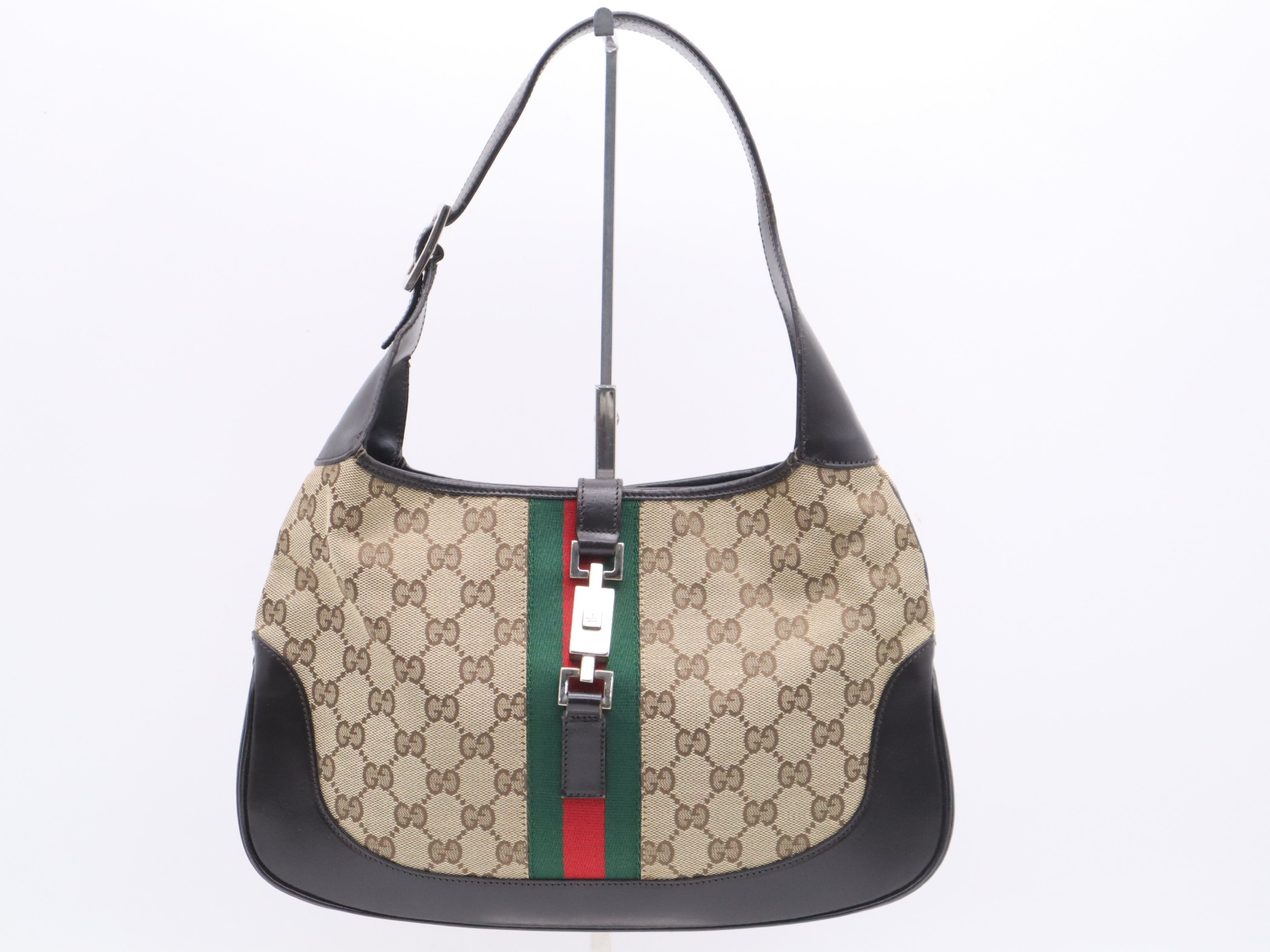 001-3306 Canvas x Leather Jackie Beige Silver Hardware Shoulder Bag