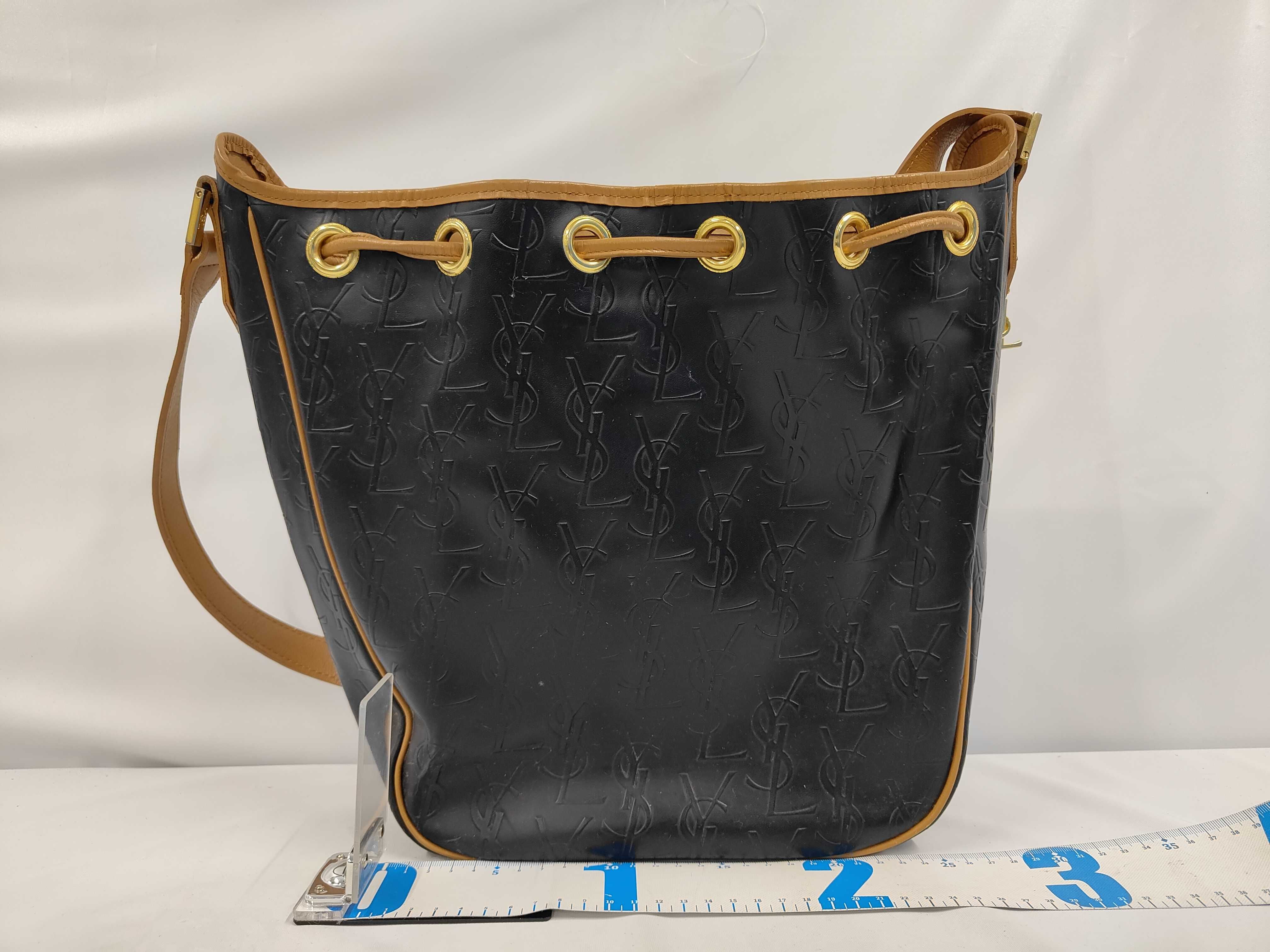 Vintage YSL Leather Logo Embossed Drawstring Shoulder Bag — view 2