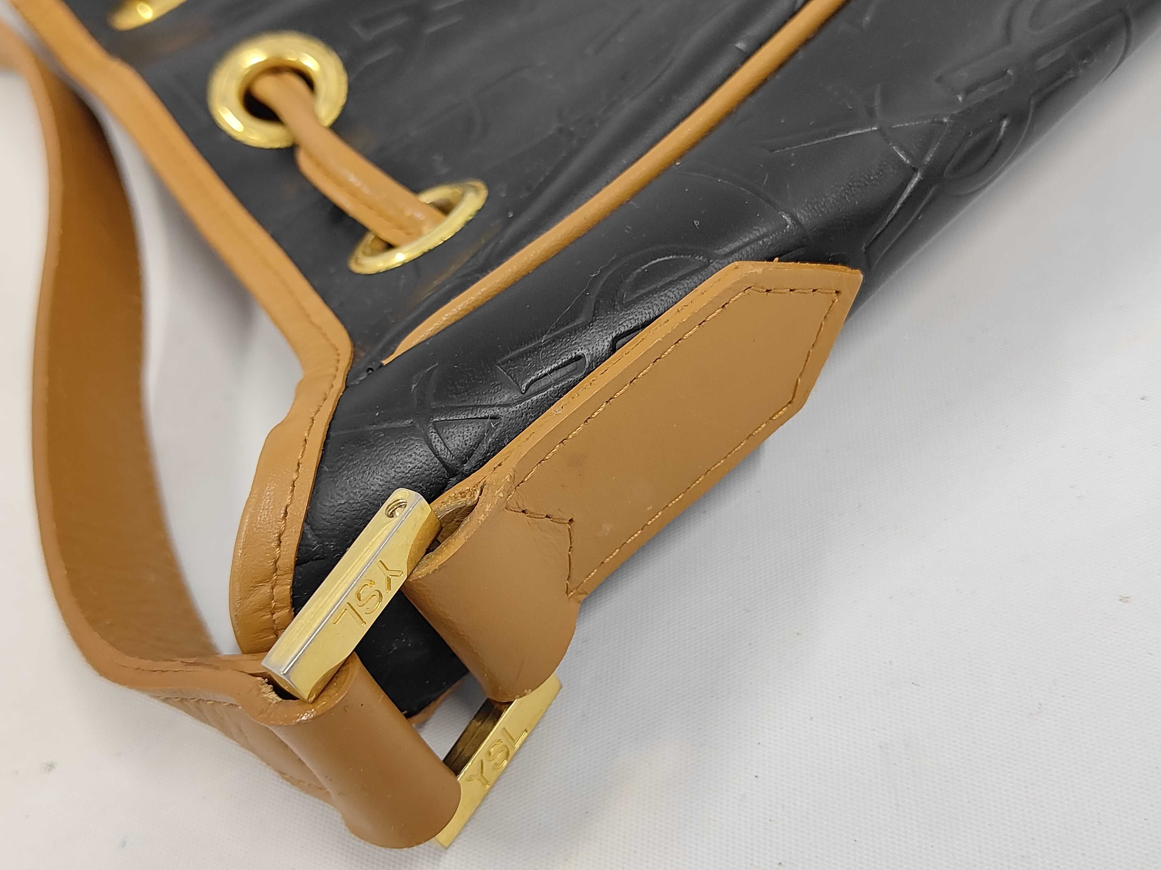 Vintage YSL Leather Logo Embossed Drawstring Shoulder Bag — view 6
