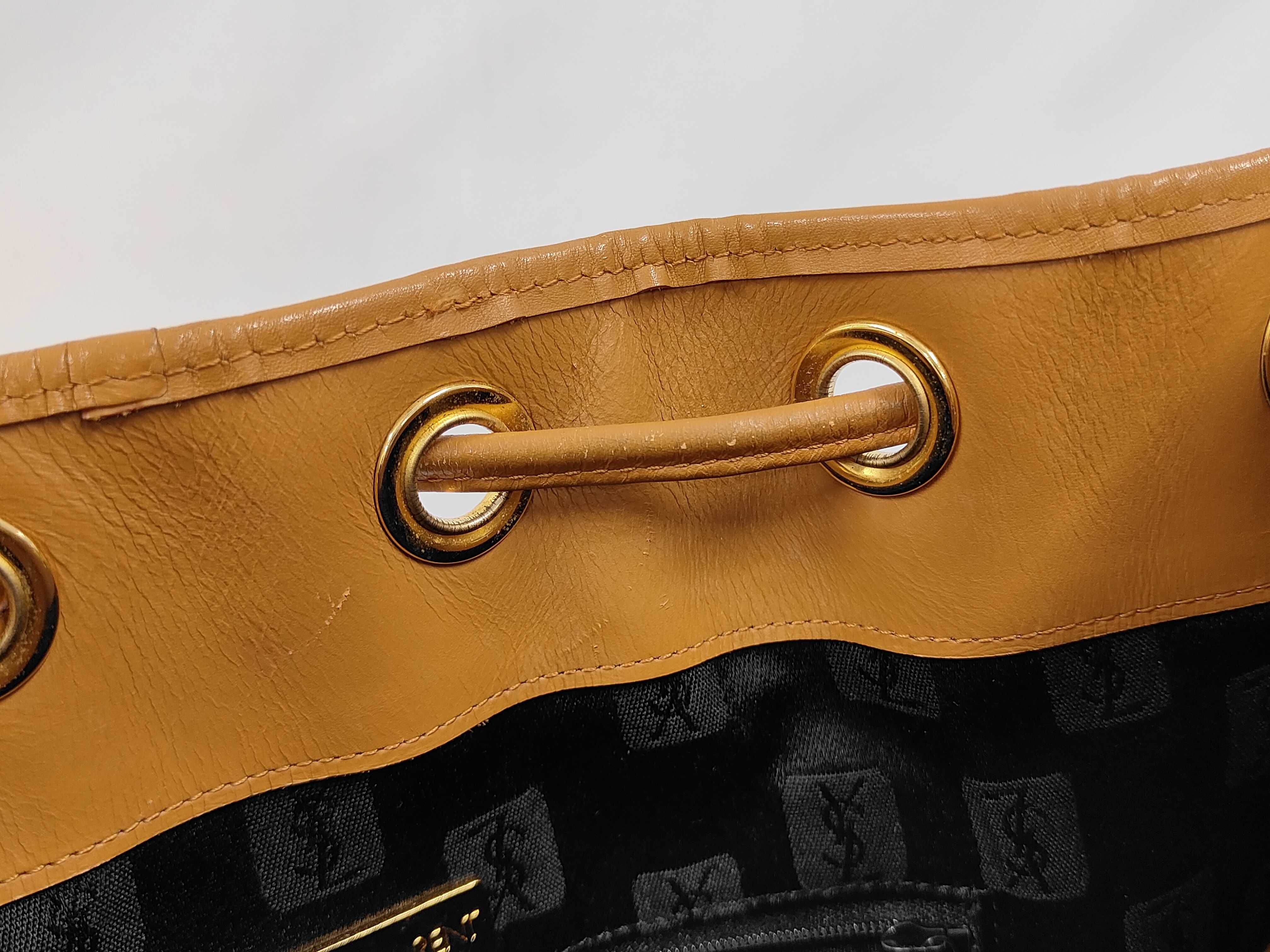 Vintage YSL Leather Logo Embossed Drawstring Shoulder Bag — view 9