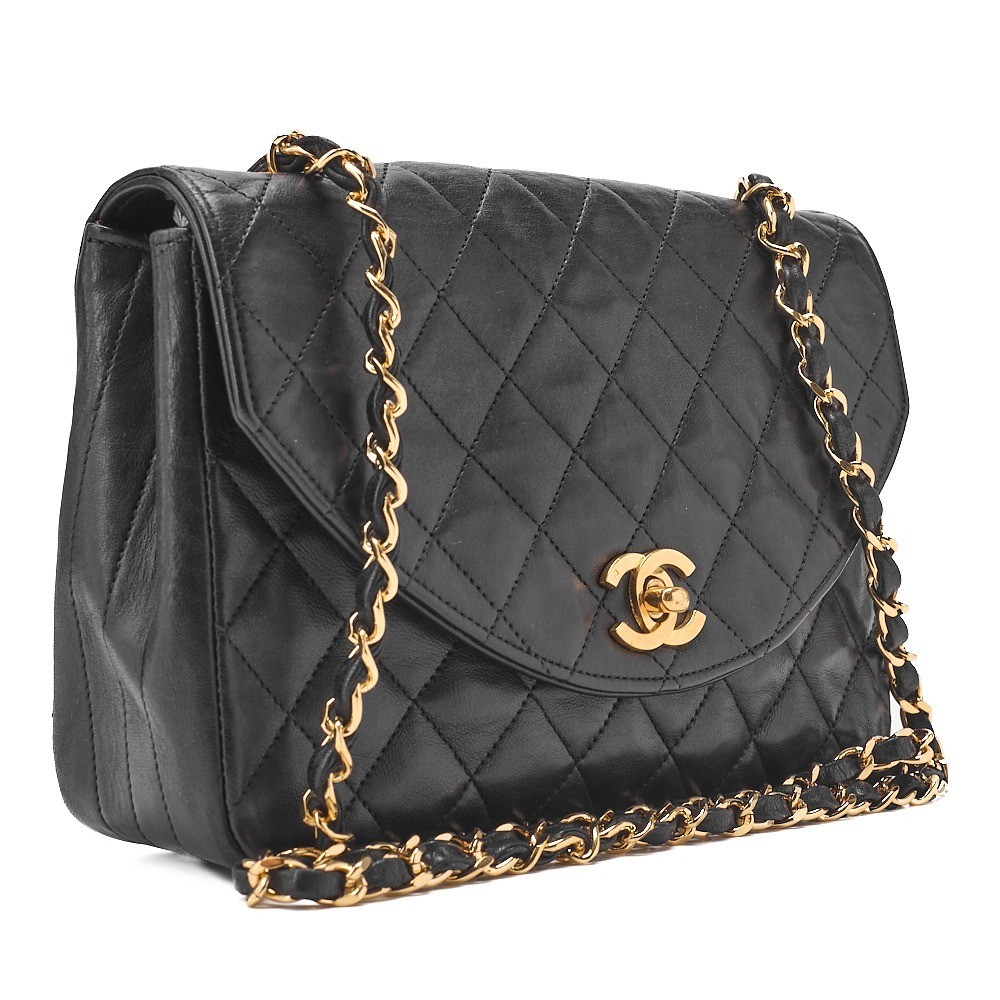 Lambskin Matelassé Round Flap Chain Shoulder Bag, Black — view 3