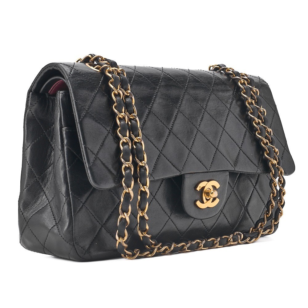 Lambskin Matelassé Double Flap 25 Chain Shoulder Bag, Black, Gold Hardware — view 3
