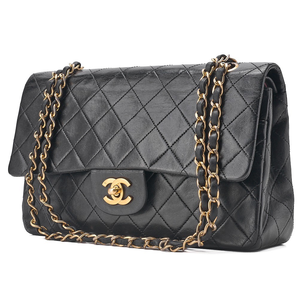 Lambskin Matelassé Double Flap 25 Chain Shoulder Bag, Black, Gold Hardware — view 4