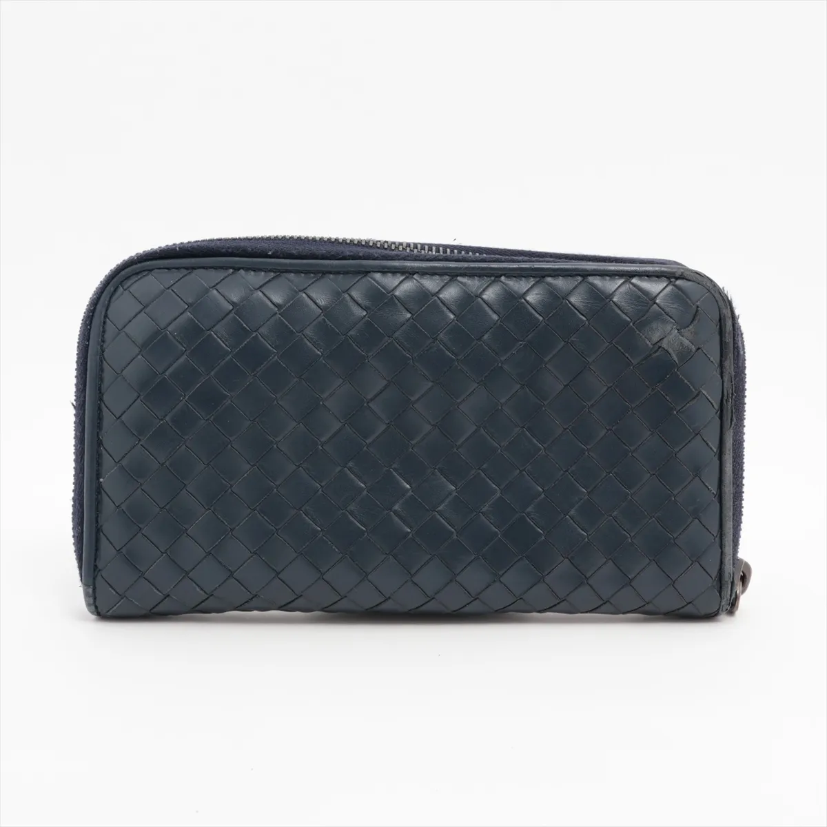 Intrecciato Leather Round Zip Wallet, Navy — view 2