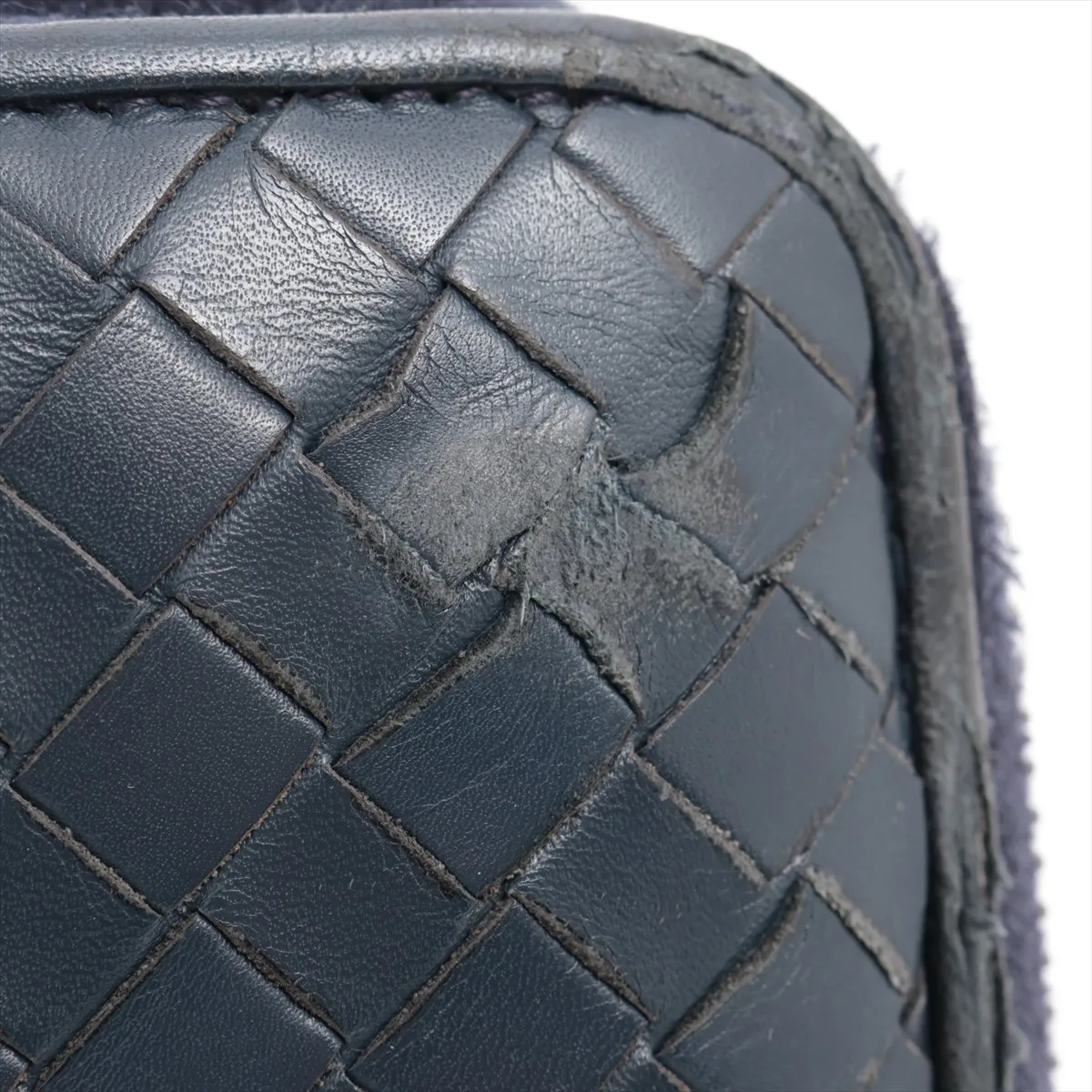 Intrecciato Leather Round Zip Wallet, Navy — view 11