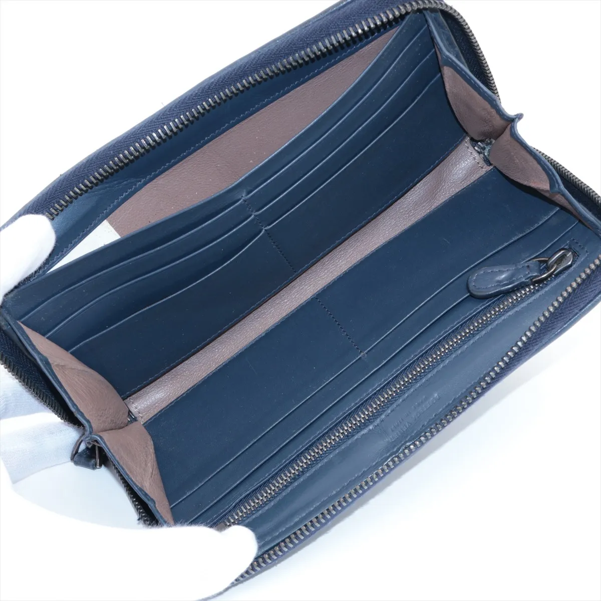 Intrecciato Leather Round Zip Wallet, Navy — view 3