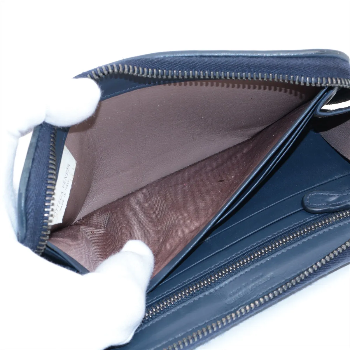 Intrecciato Leather Round Zip Wallet, Navy — view 4