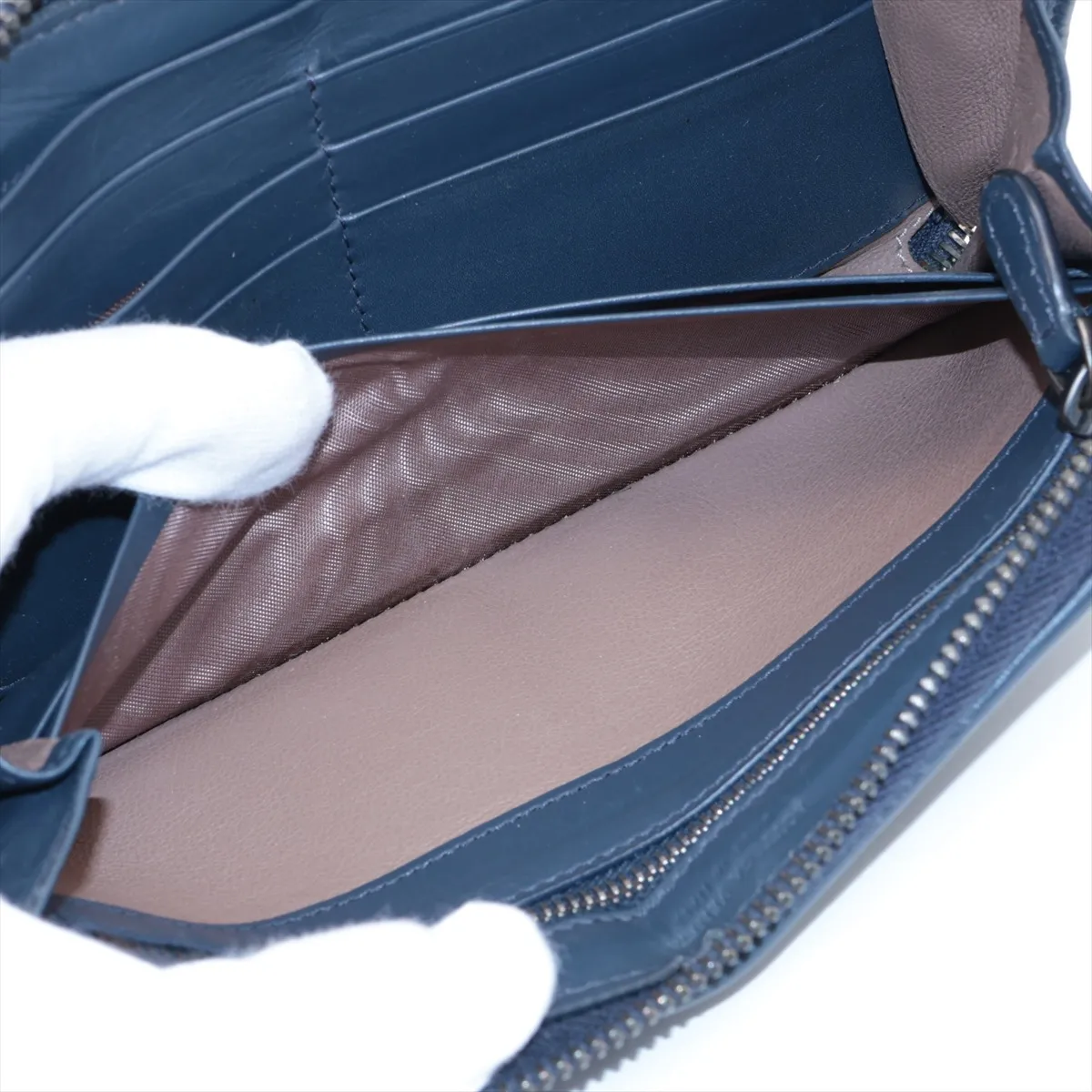 Intrecciato Leather Round Zip Wallet, Navy — view 6