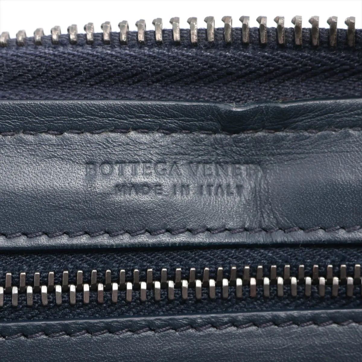 Intrecciato Leather Round Zip Wallet, Navy — view 8