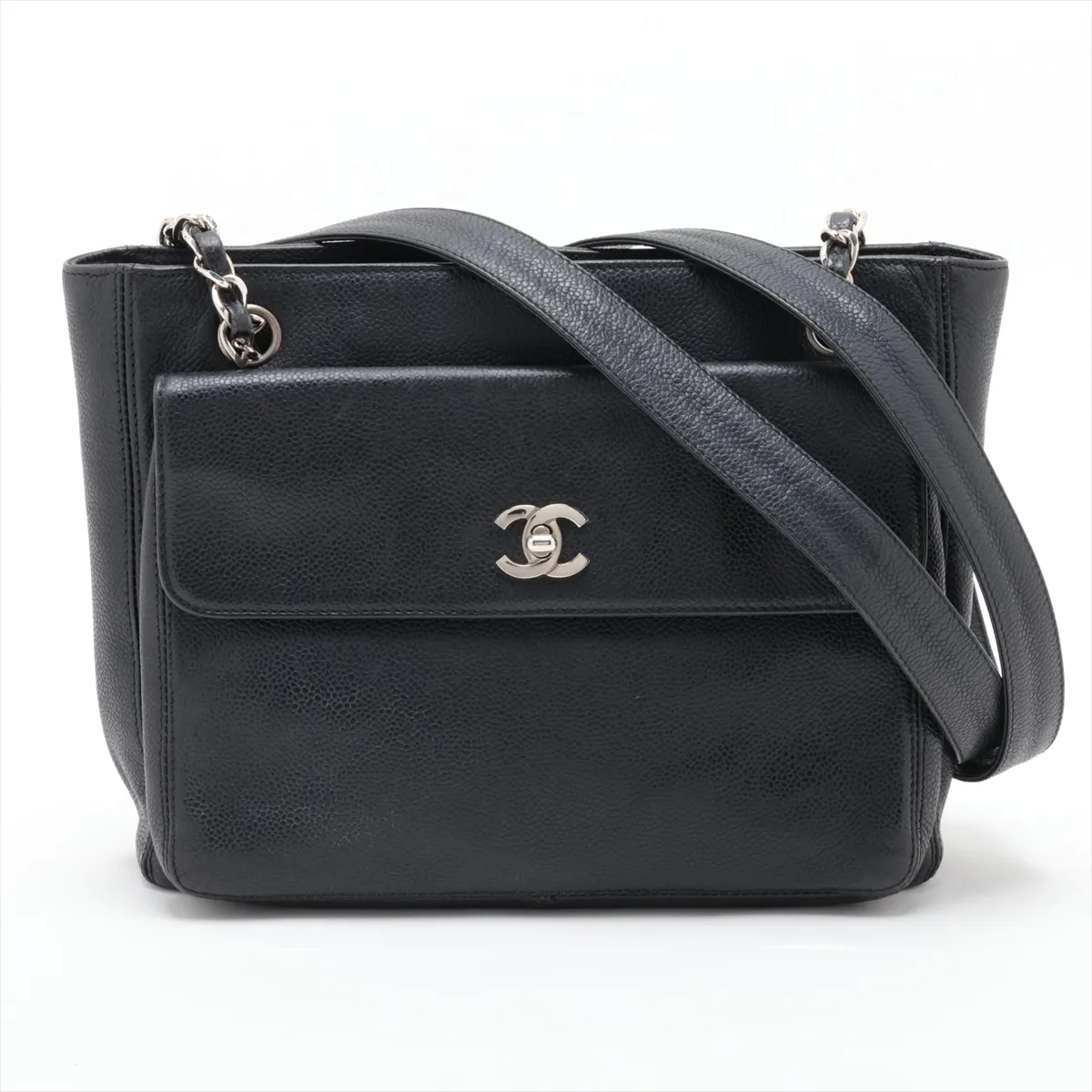 Coco Mark Caviar Skin Chain Tote Bag, Black with Silver Hardware, 4689122, Series 4