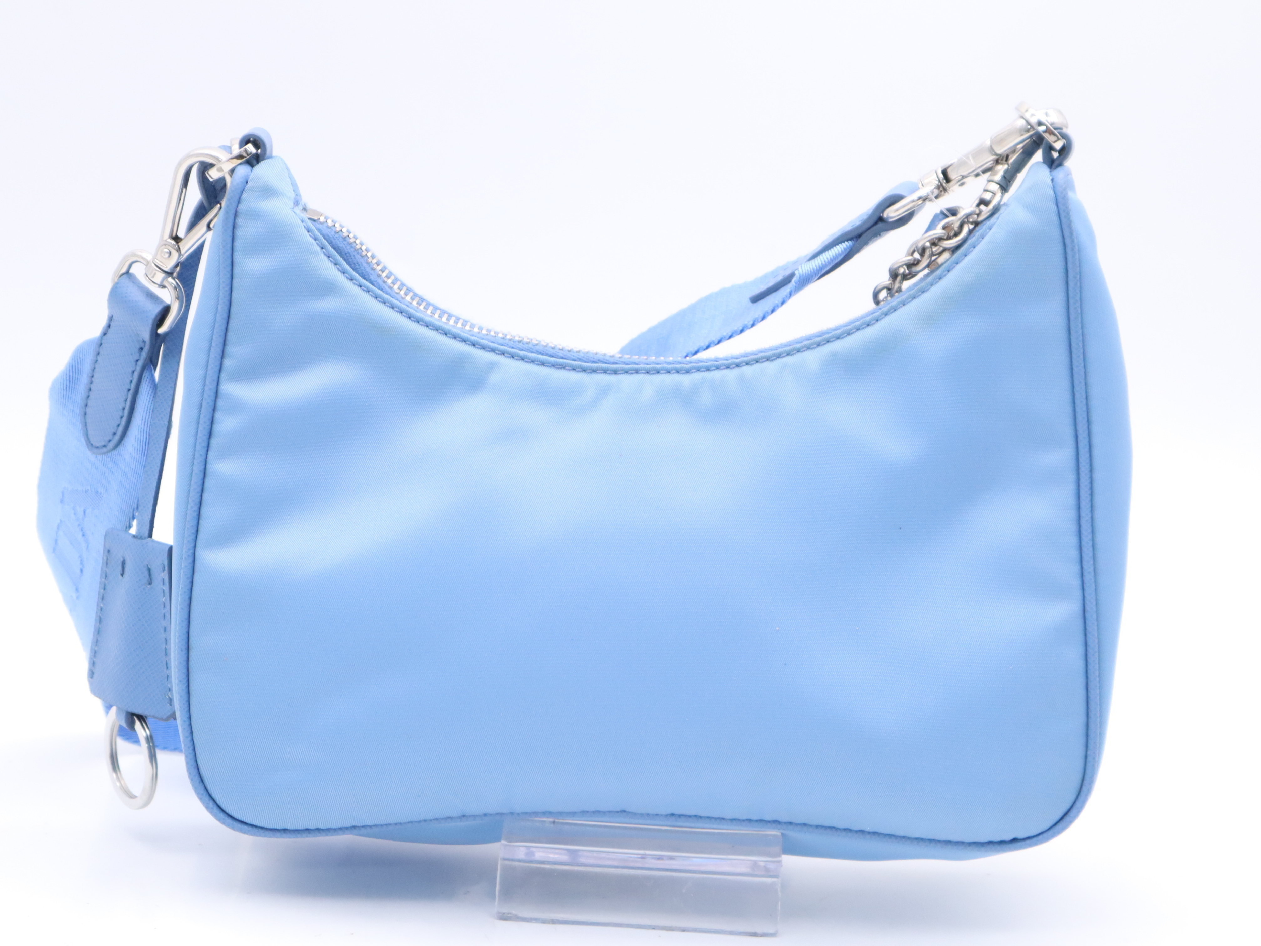 Nylon Chain Handle Bag Re-Edition 2005, with 2 Shoulder Straps, Pouch, and Clochette, Blue Handbag — view 2