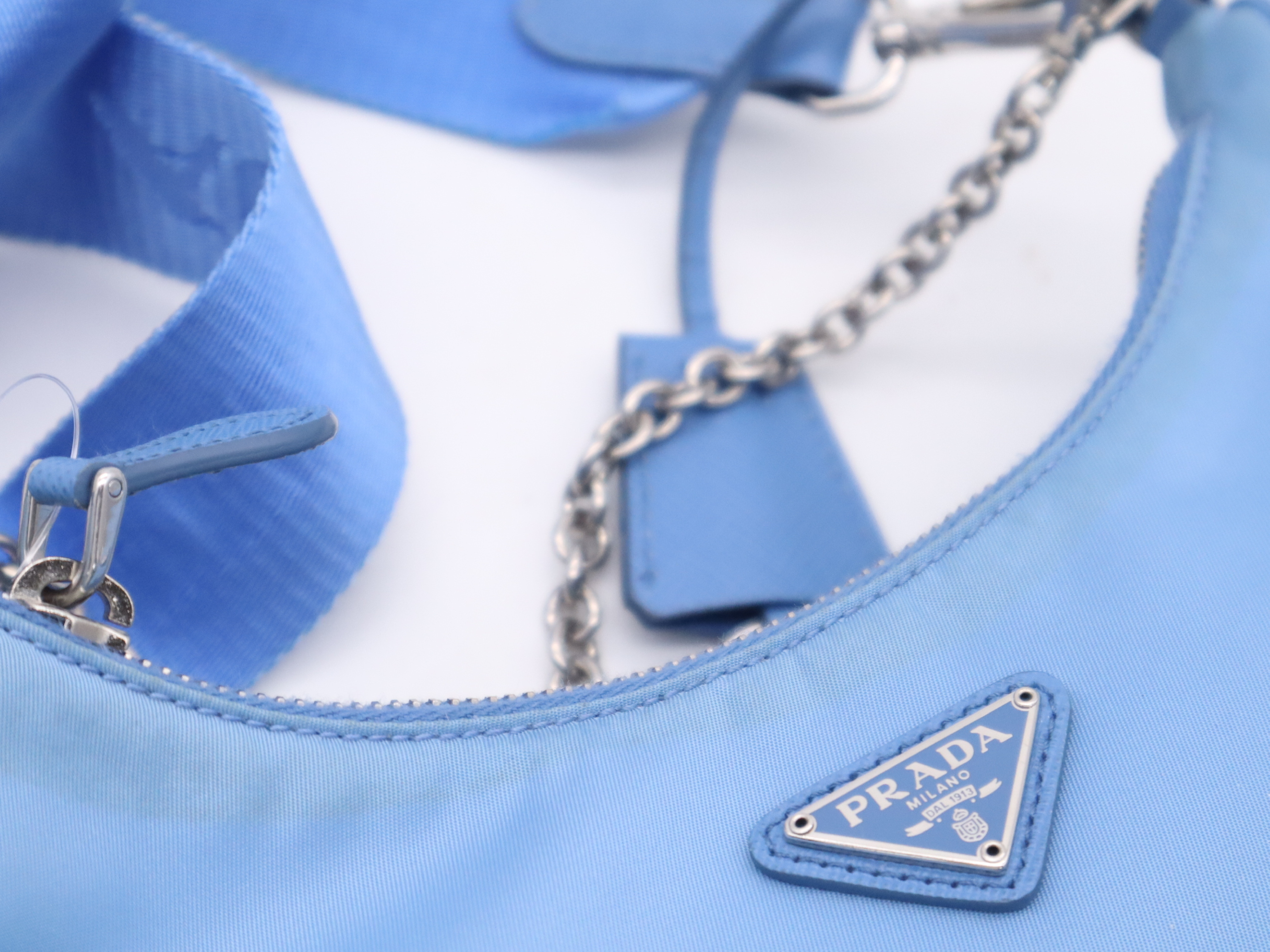 Nylon Chain Handle Bag Re-Edition 2005, with 2 Shoulder Straps, Pouch, and Clochette, Blue Handbag — view 9