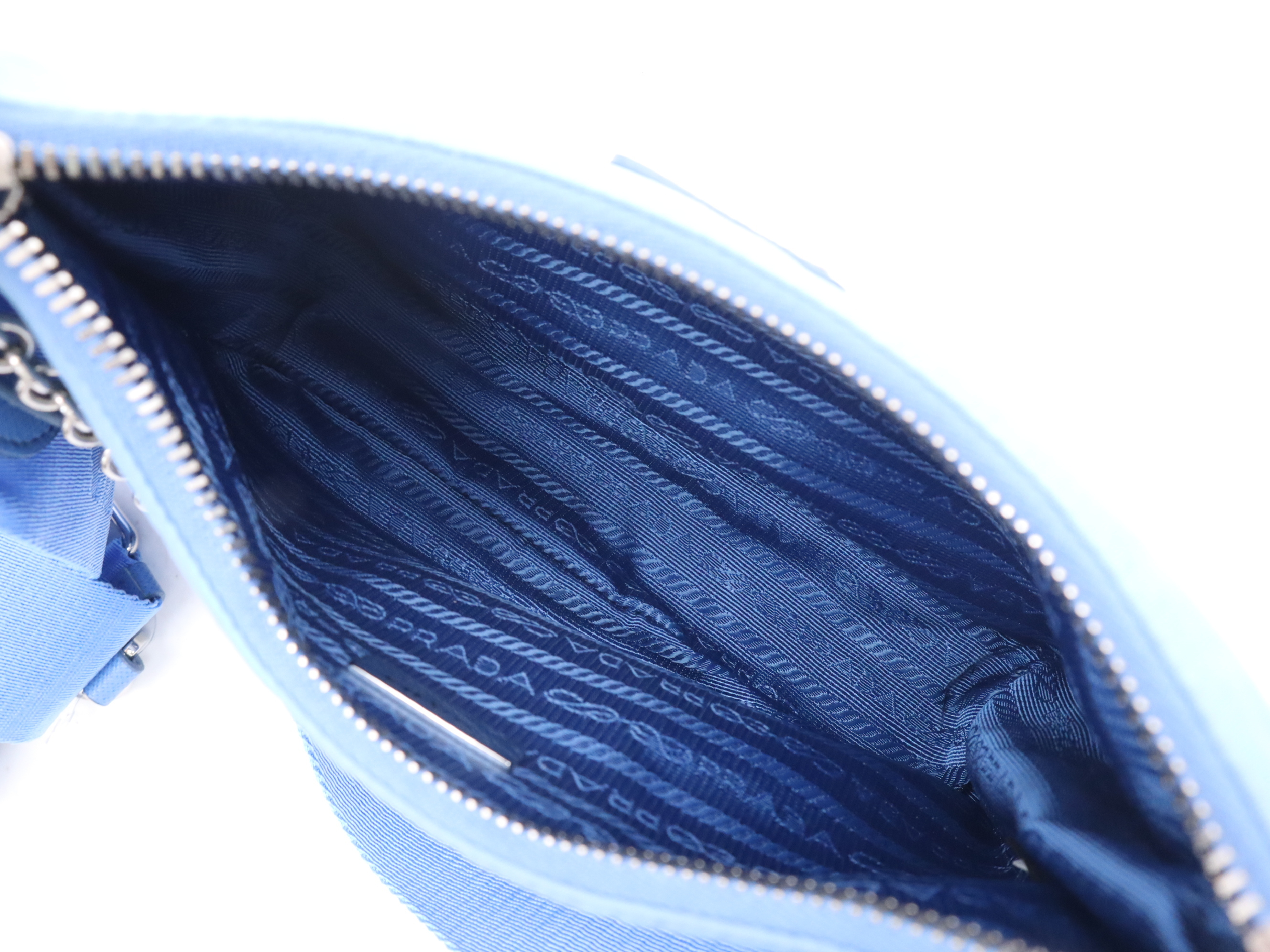 Nylon Chain Handle Bag Re-Edition 2005, with 2 Shoulder Straps, Pouch, and Clochette, Blue Handbag — view 10