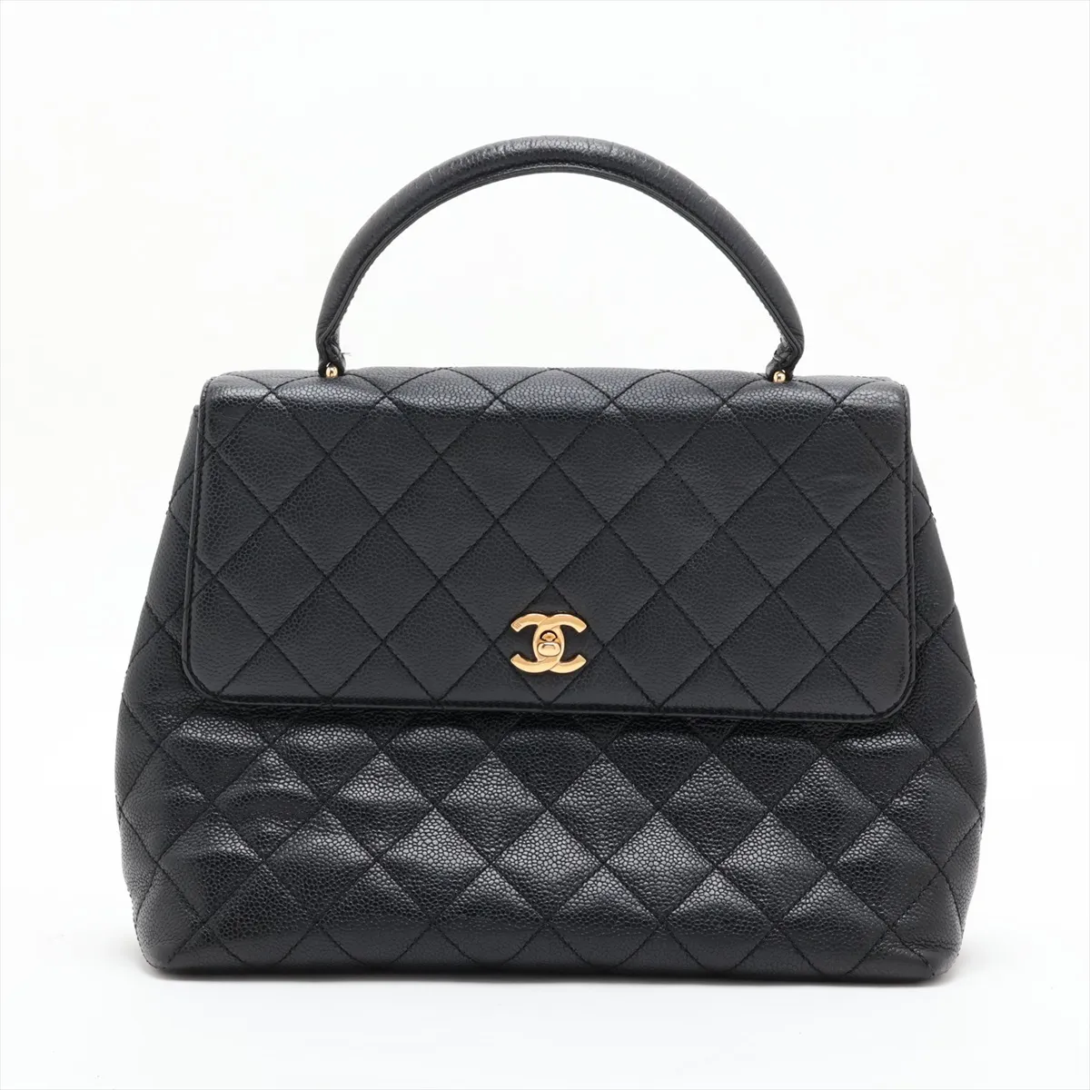 Matelassé Caviar Skin Handbag, Top Handle, Black with Gold Hardware, 6600377, Series 6